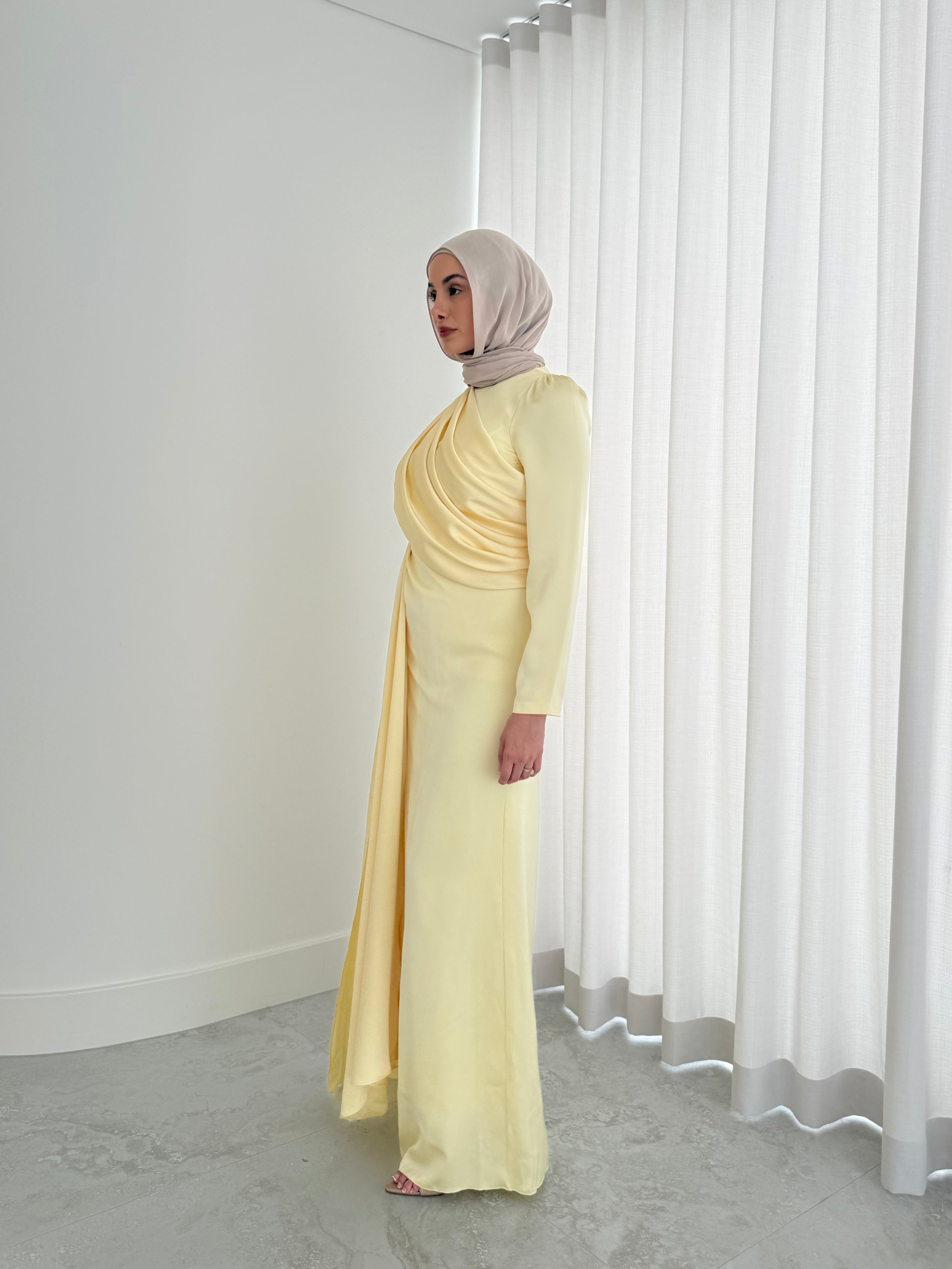 women's full length formal dress in satin, maxi with long sleeves. soft satin drape in lightweight fabrication for spring summer day or night event. hijabi friendly, modest and full coverage for prom, formals, engagements, kk, nikkah, fatiha, wedding guest.