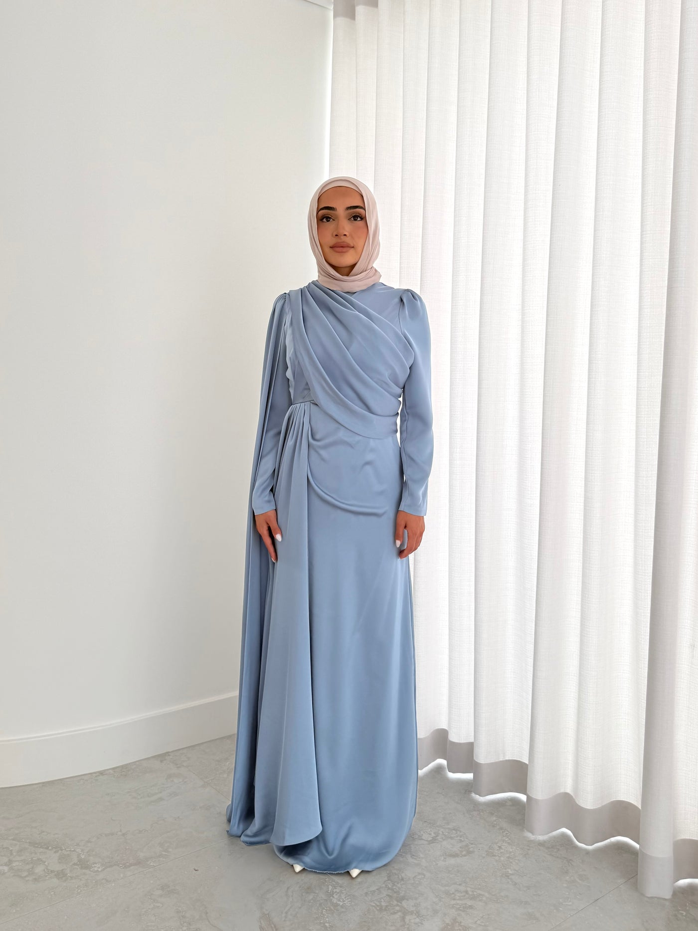 GHADIR SATIN DRESS-BABY BLUE modest satin formal dress full length long sleeves