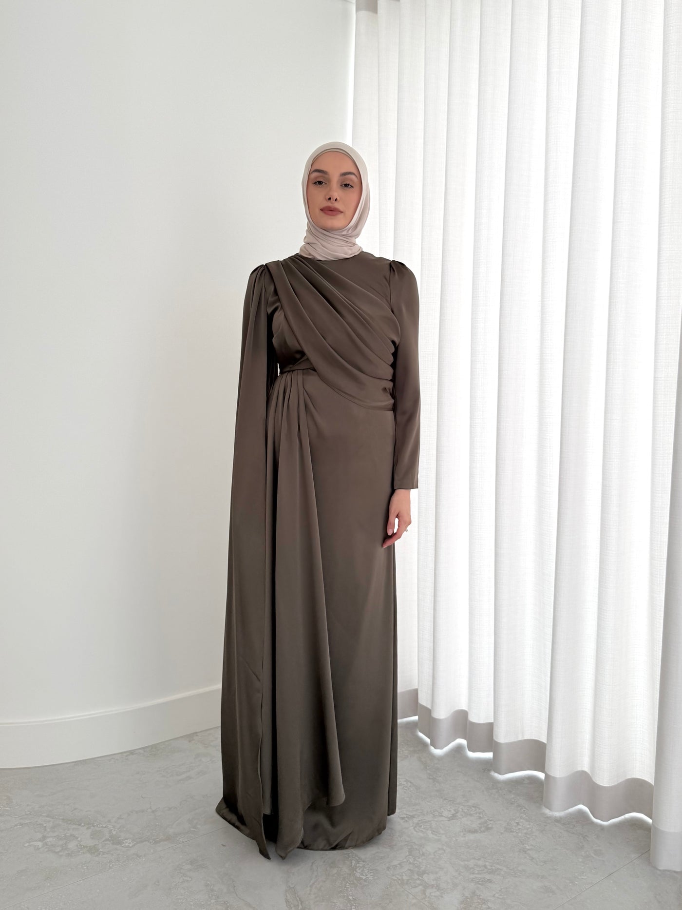 GHADIR SATIN DRESS-DARK OLIVE modest satin formal dress full length long sleeves