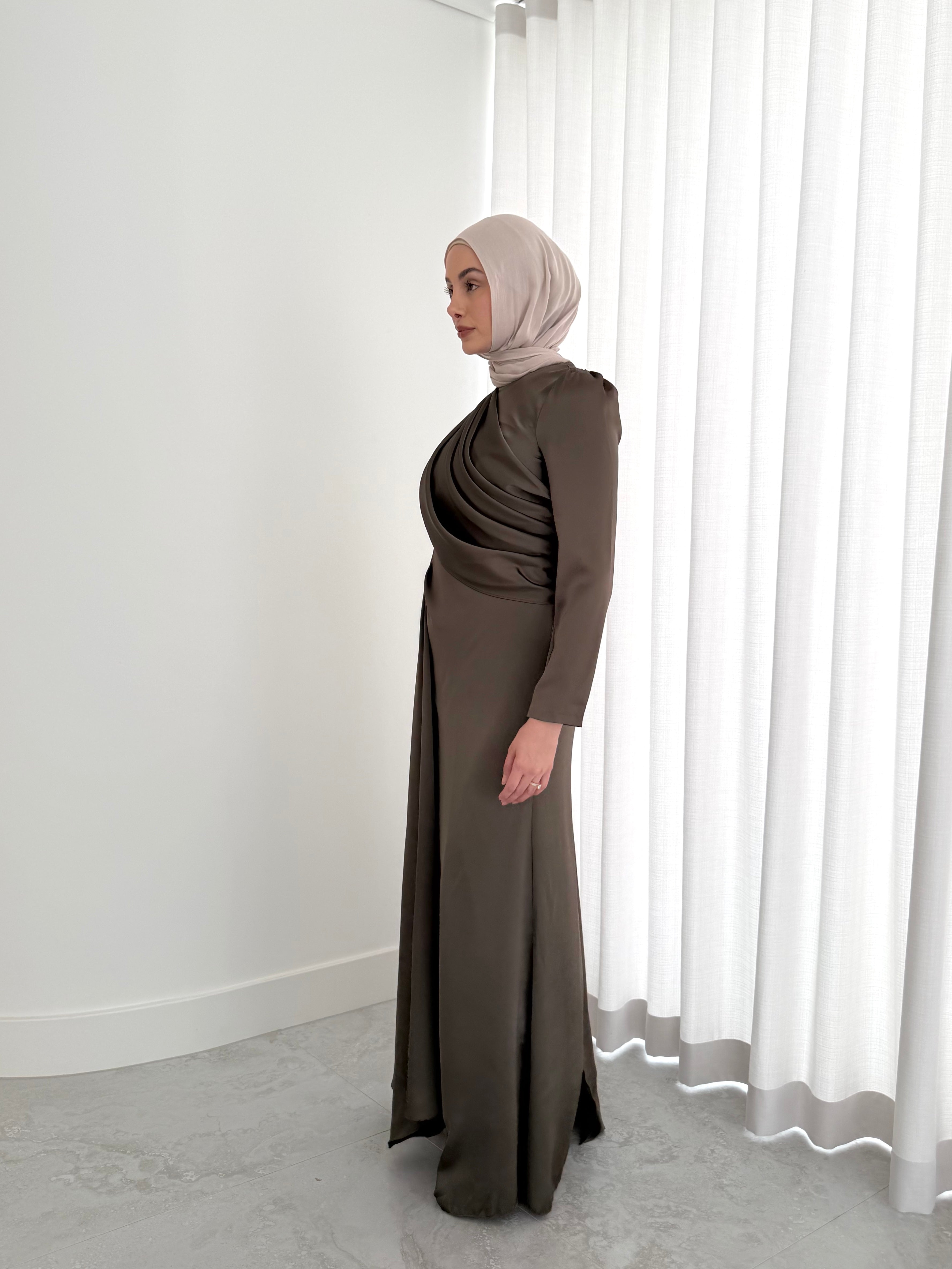 women's full length formal dress in satin, maxi with long sleeves. soft satin drape in lightweight fabrication for spring summer day or night event. hijabi friendly, modest and full coverage for prom, formals, engagements, kk, nikkah, fatiha, wedding guest.