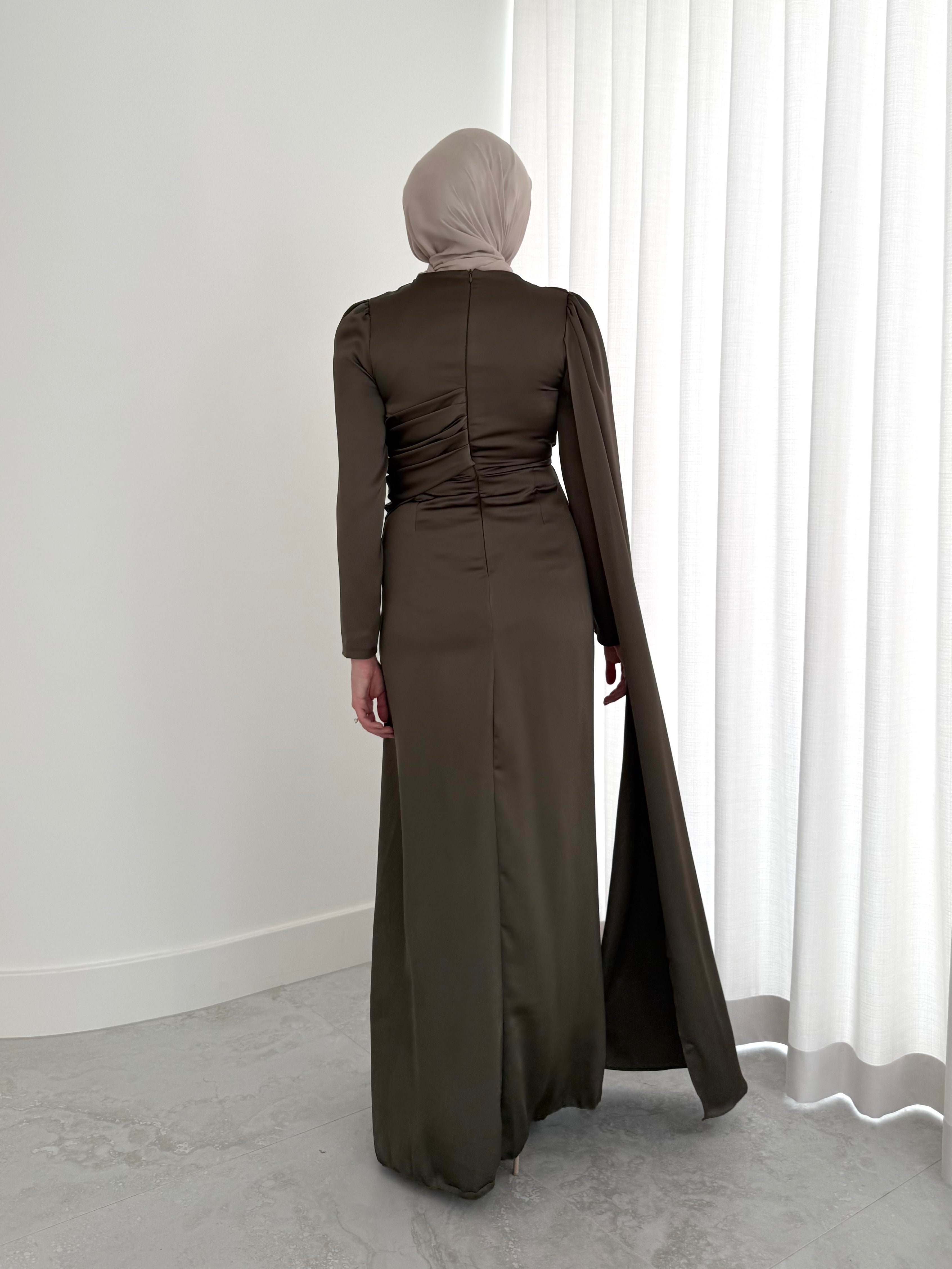 women's full length formal dress in satin, maxi with long sleeves. soft satin drape in lightweight fabrication for spring summer day or night event. hijabi friendly, modest and full coverage for prom, formals, engagements, kk, nikkah, fatiha, wedding guest.