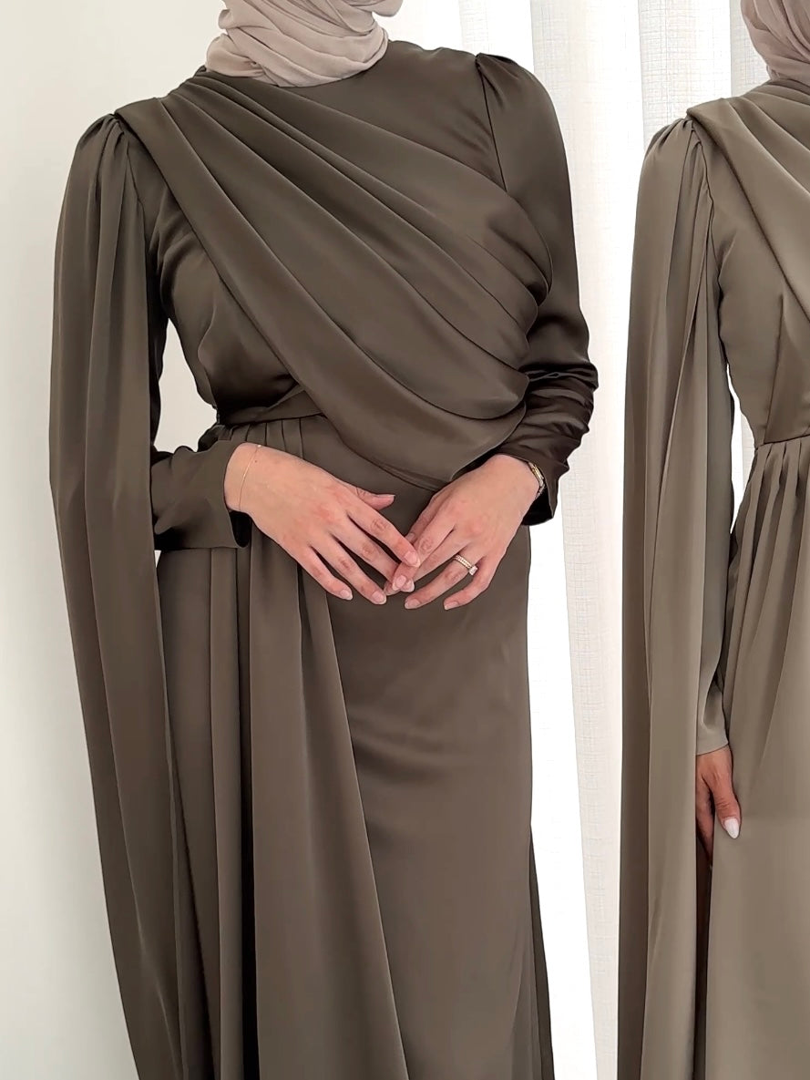 women's full length formal dress in satin, maxi with long sleeves. soft satin drape in lightweight fabrication for spring summer day or night event. hijabi friendly, modest and full coverage for prom, formals, engagements, kk, nikkah, fatiha, wedding guest.