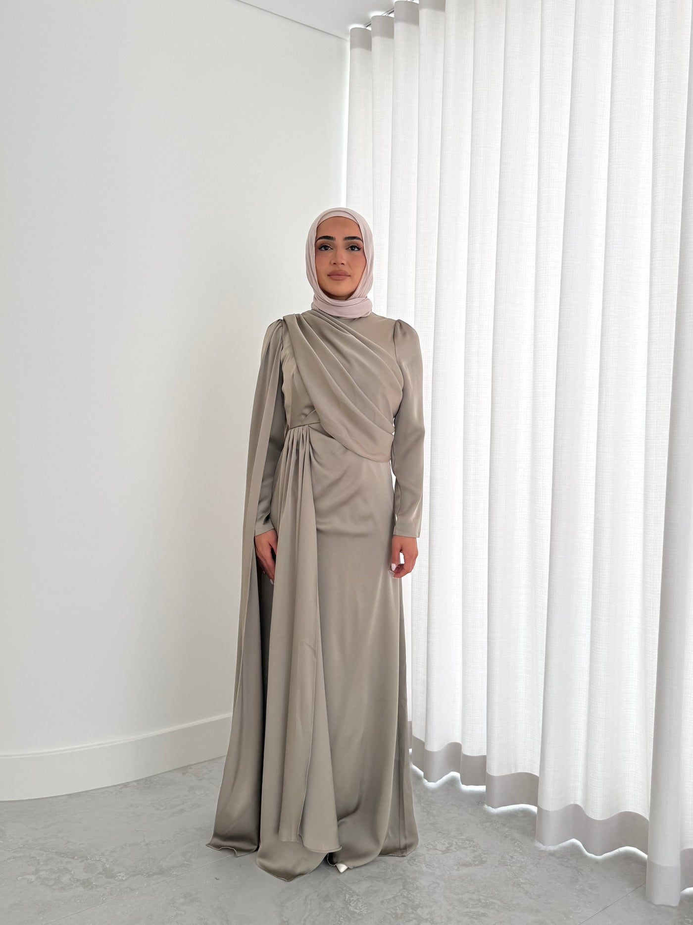 GHADIR SATIN DRESS-MOSS modest satin formal dress full length long sleeves