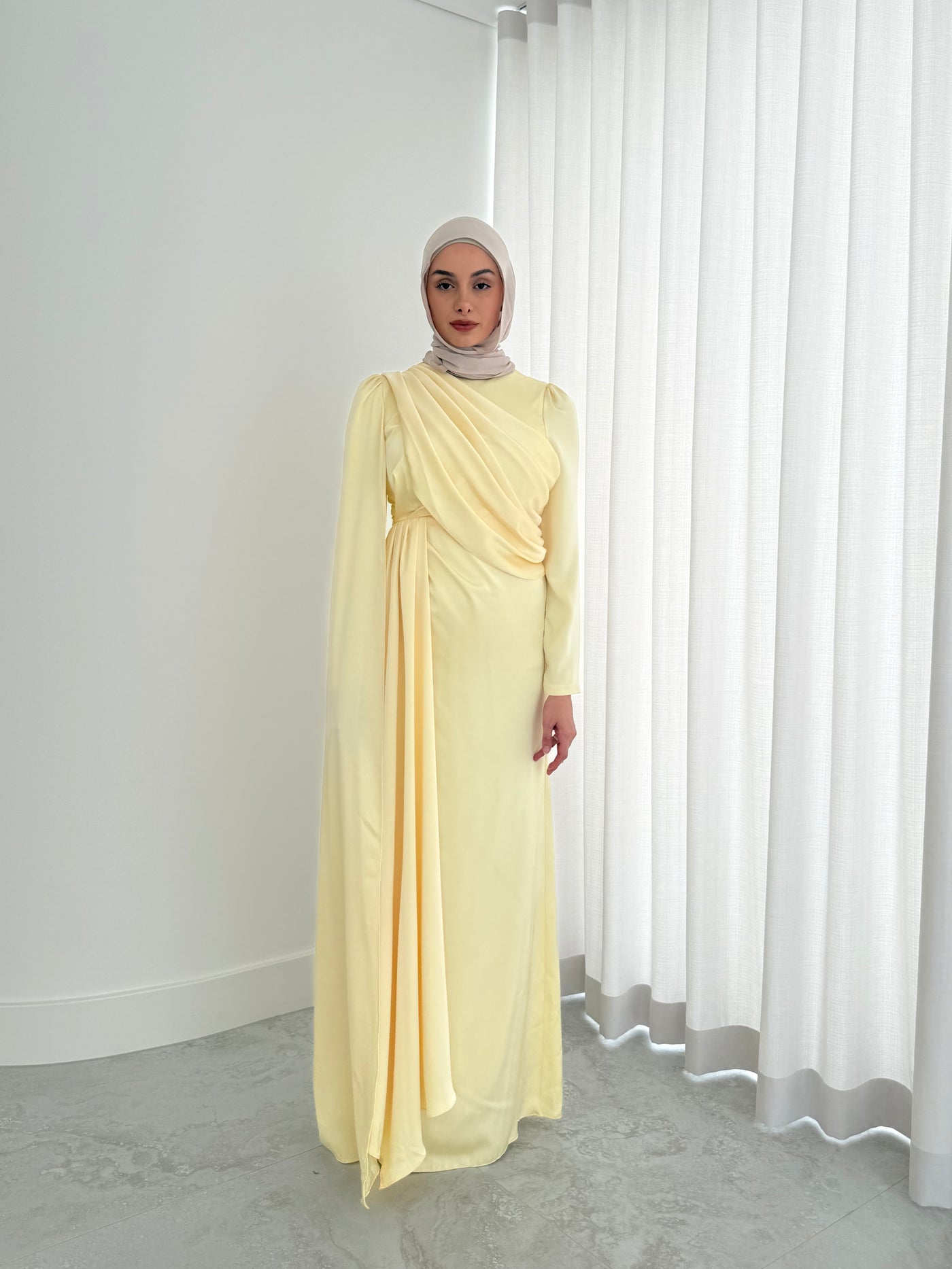 GHADIR SATIN DRESS-YELLOW modest satin formal dress full length long sleeves
