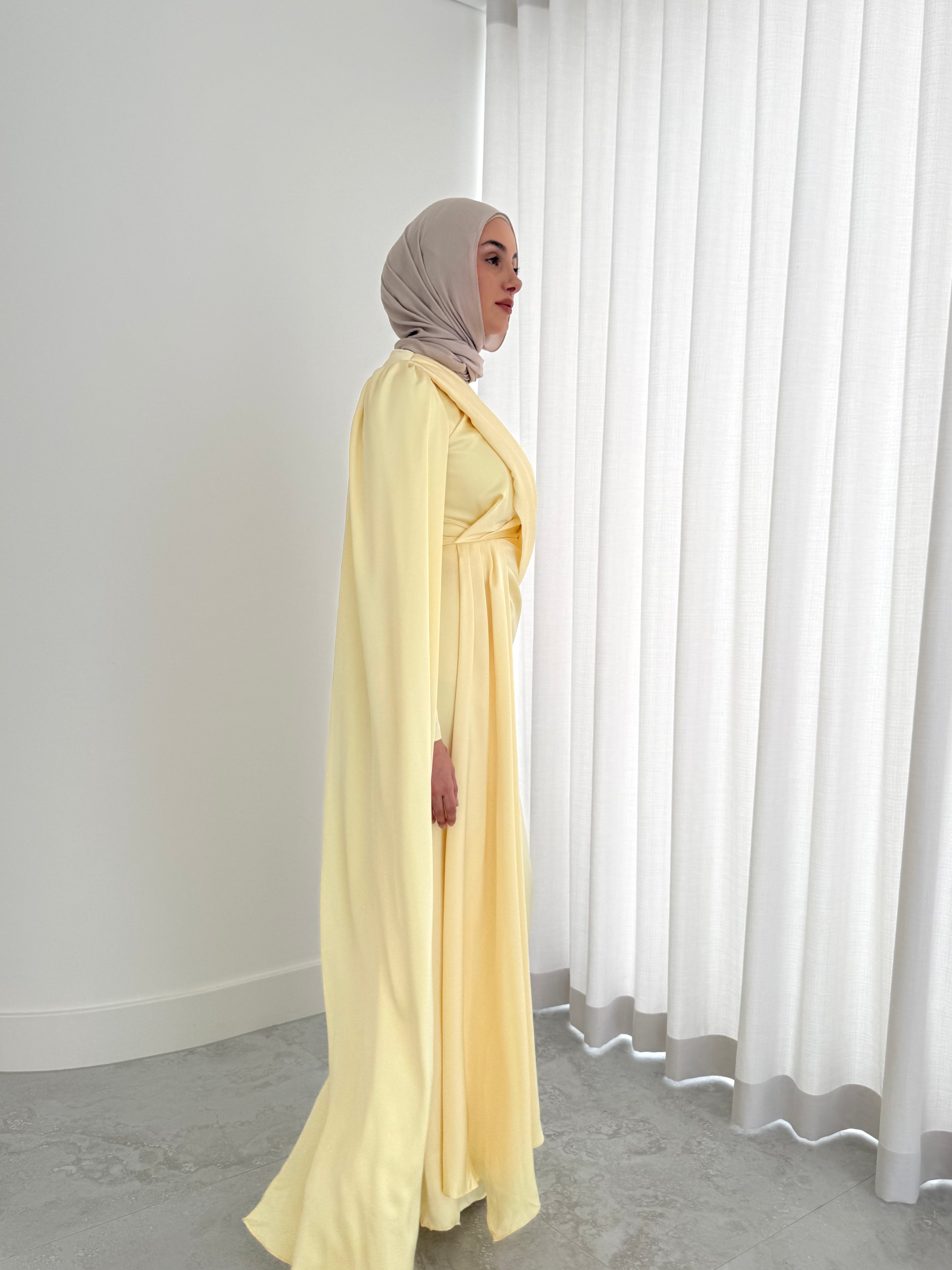 women's full length formal dress in satin, maxi with long sleeves. soft satin drape in lightweight fabrication for spring summer day or night event. hijabi friendly, modest and full coverage for prom, formals, engagements, kk, nikkah, fatiha, wedding guest.