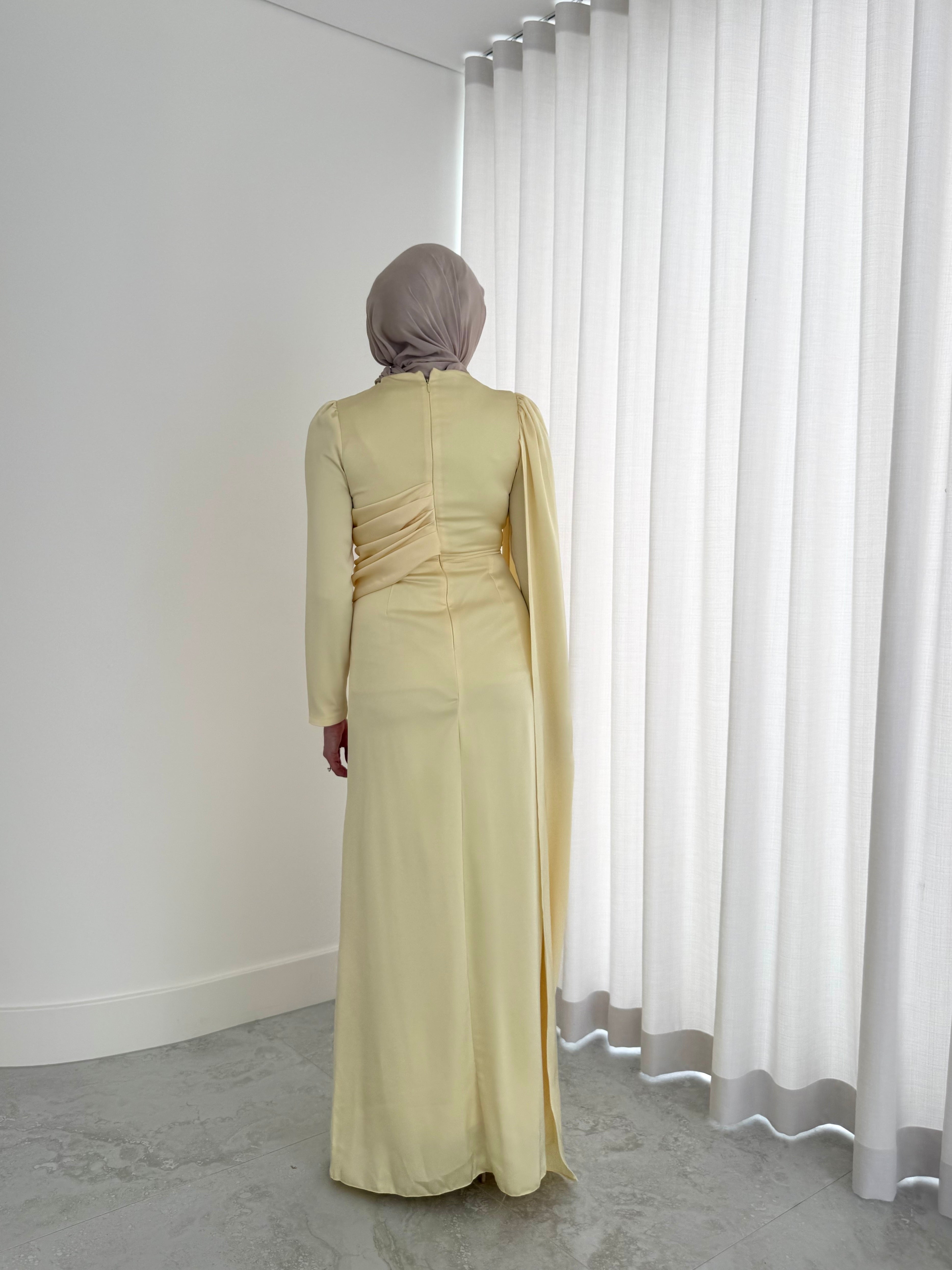 women's full length formal dress in satin, maxi with long sleeves. soft satin drape in lightweight fabrication for spring summer day or night event. hijabi friendly, modest and full coverage for prom, formals, engagements, kk, nikkah, fatiha, wedding guest.