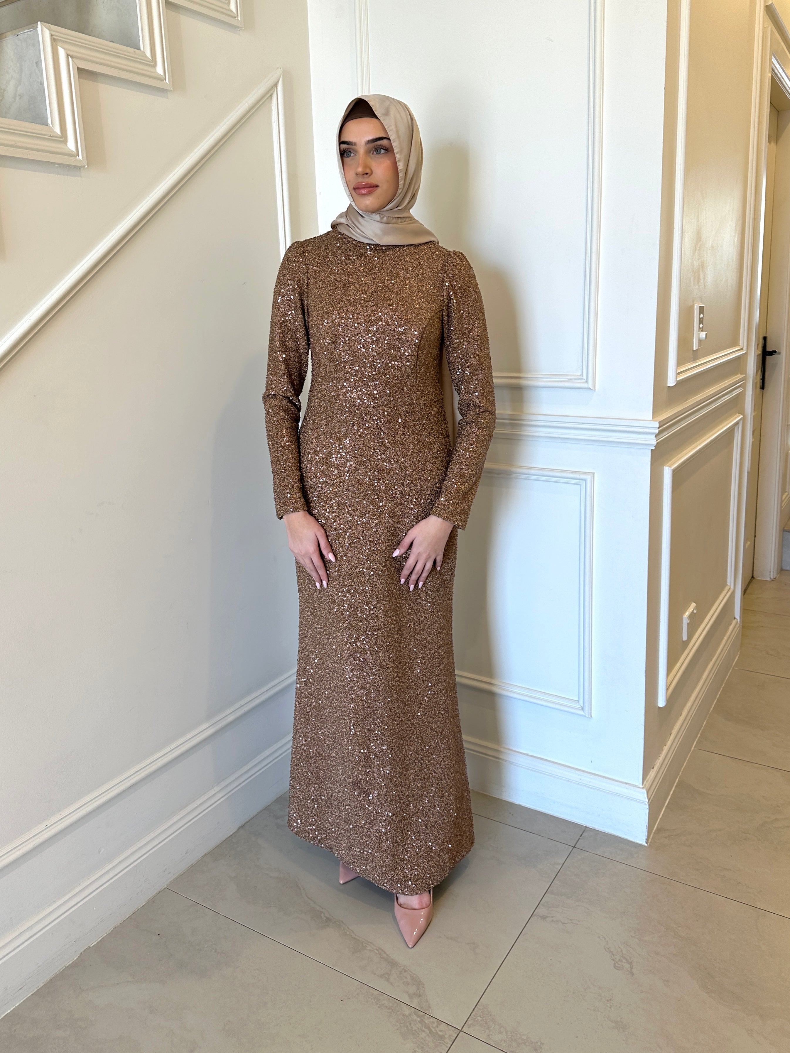 Veil of Faith Glitz & Glamour Formal Dress — bronze modest formal gown with sparkly finish