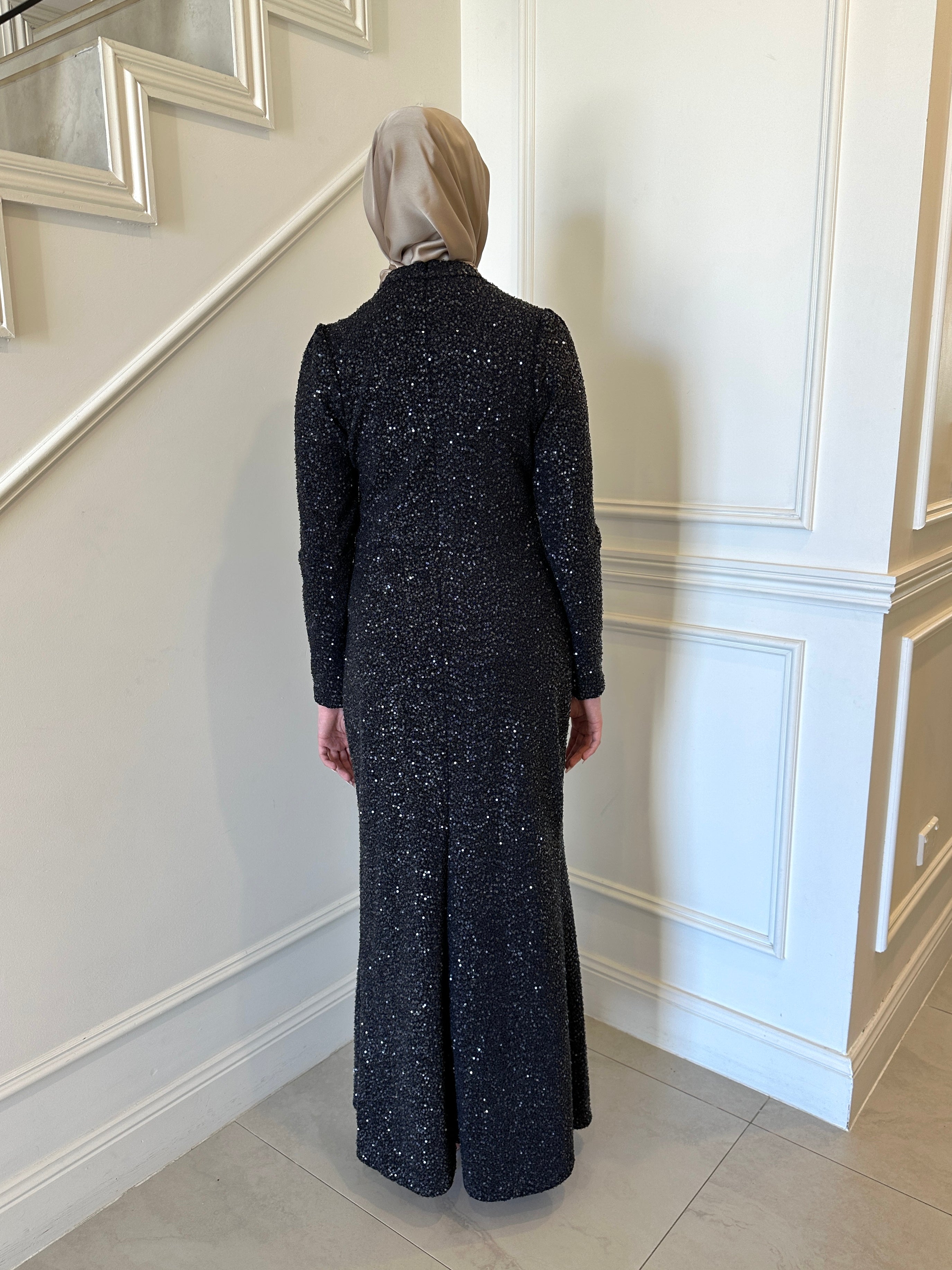 glitz and glamour formal dress- modest formal gown with full sequin detailing