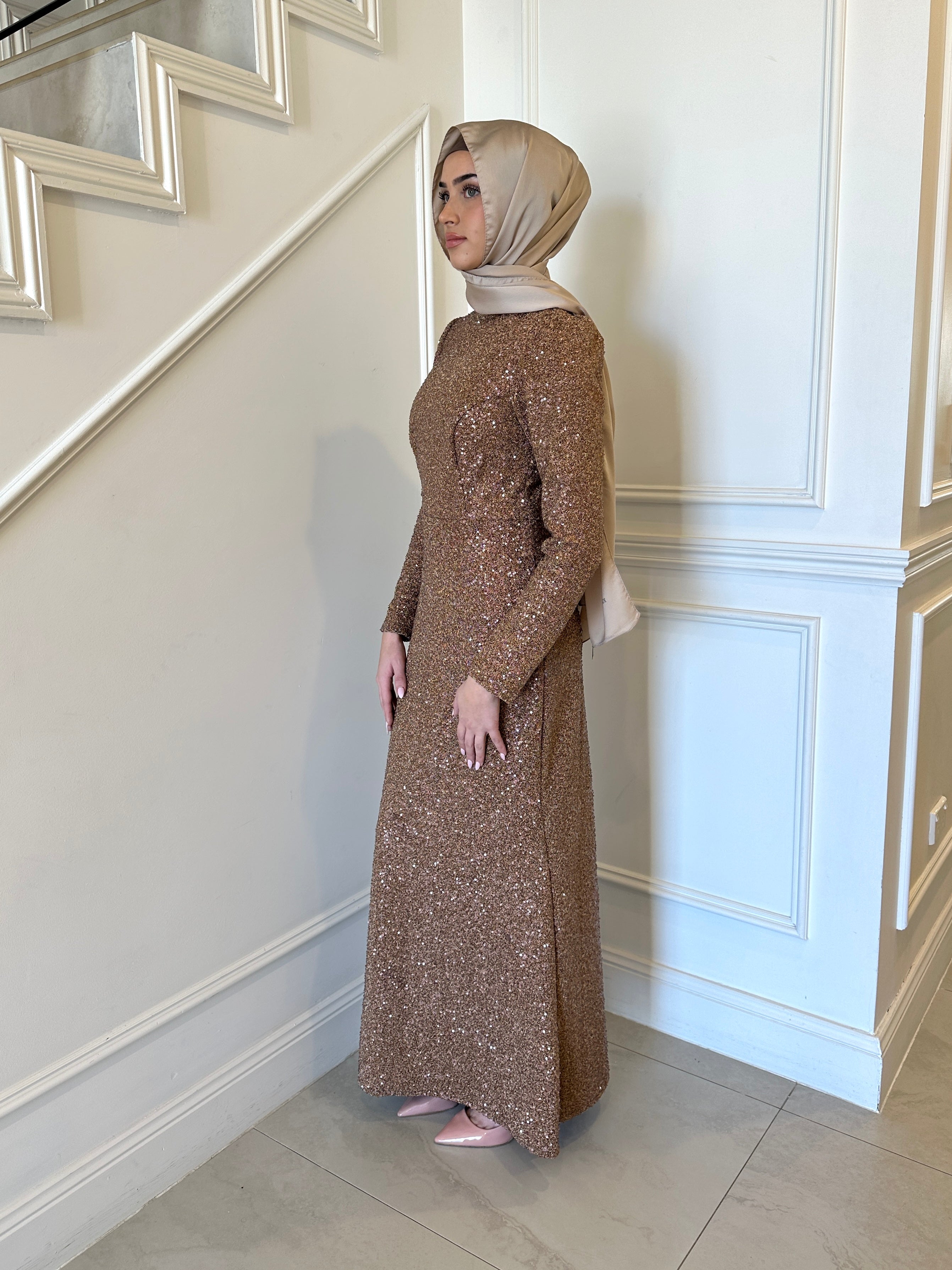 Veil of Faith Glitz & Glamour Formal Dress — bronze modest formal gown with sparkly finish