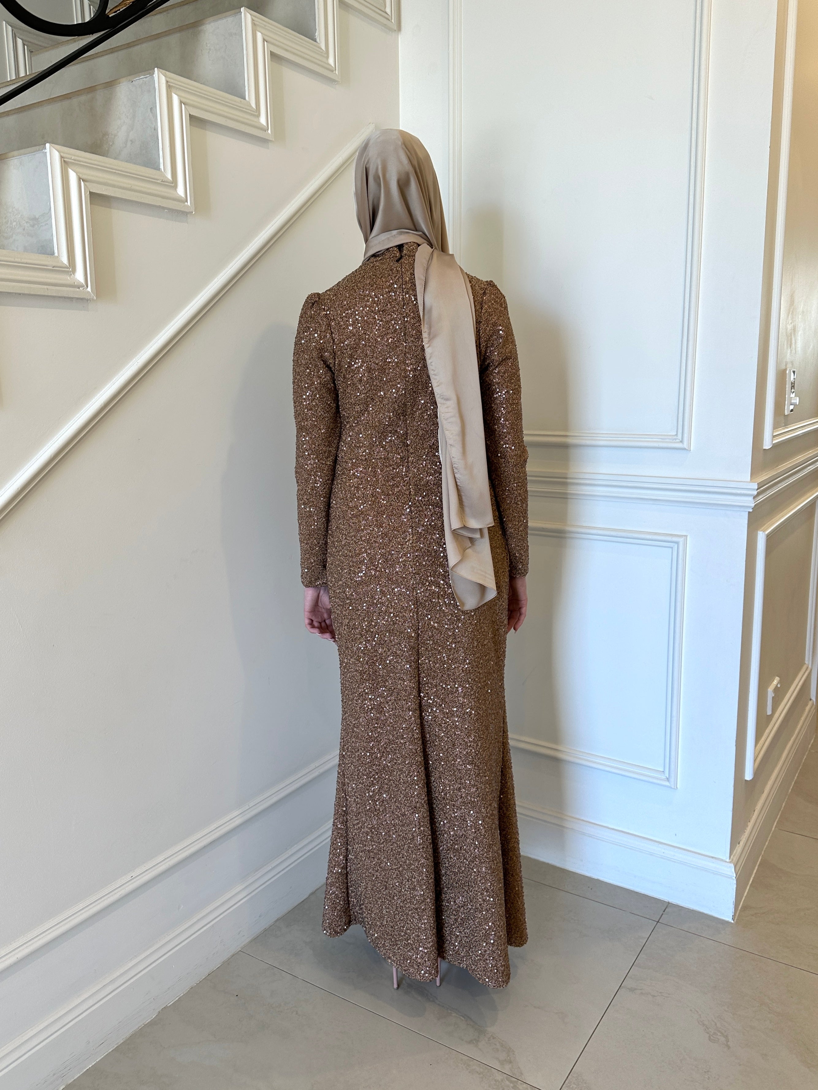 Veil of Faith Glitz & Glamour Formal Dress — bronze modest formal gown with sparkly finish