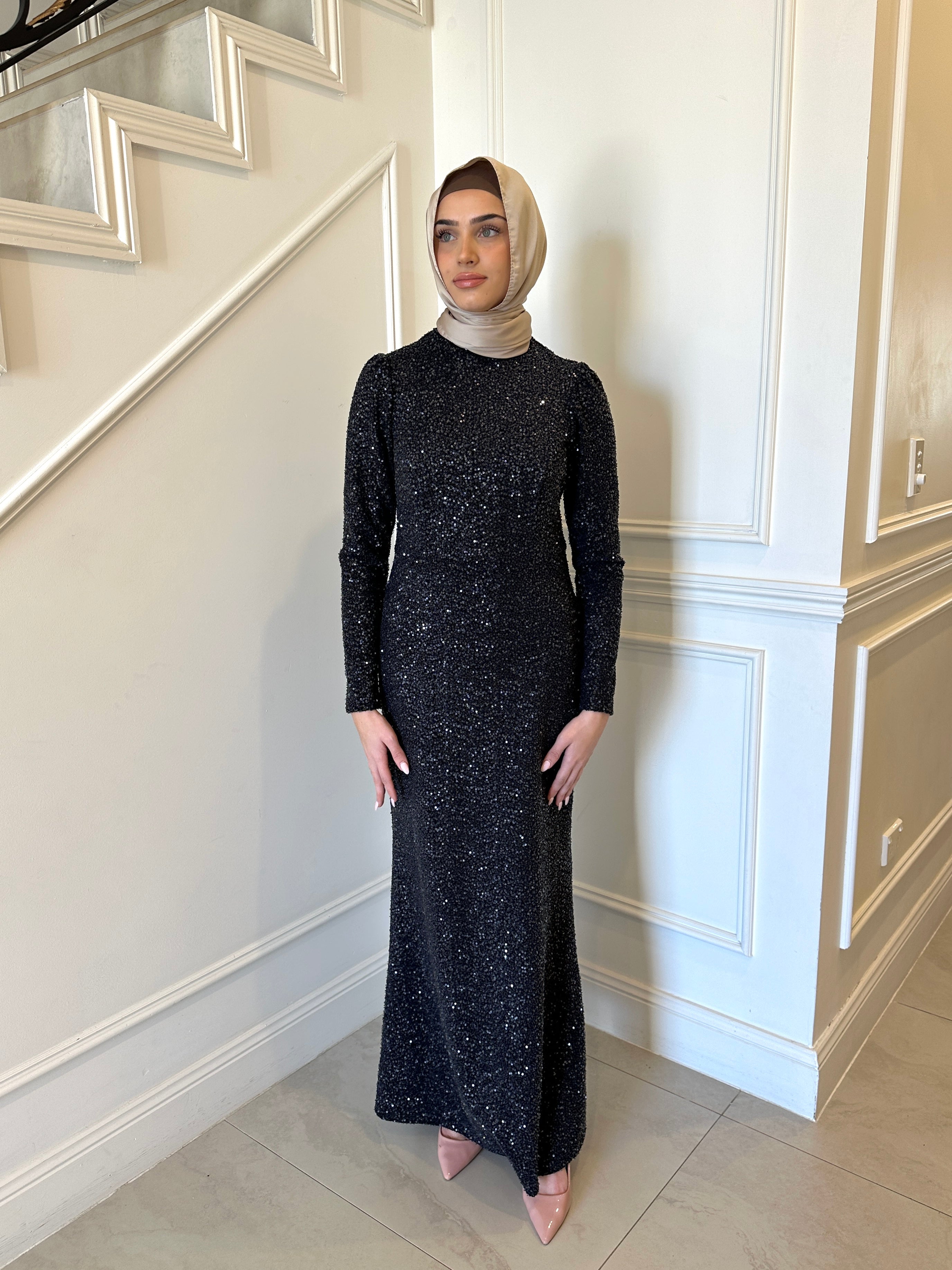 glitz and glamour formal dress- modest formal gown with full sequin detailing
