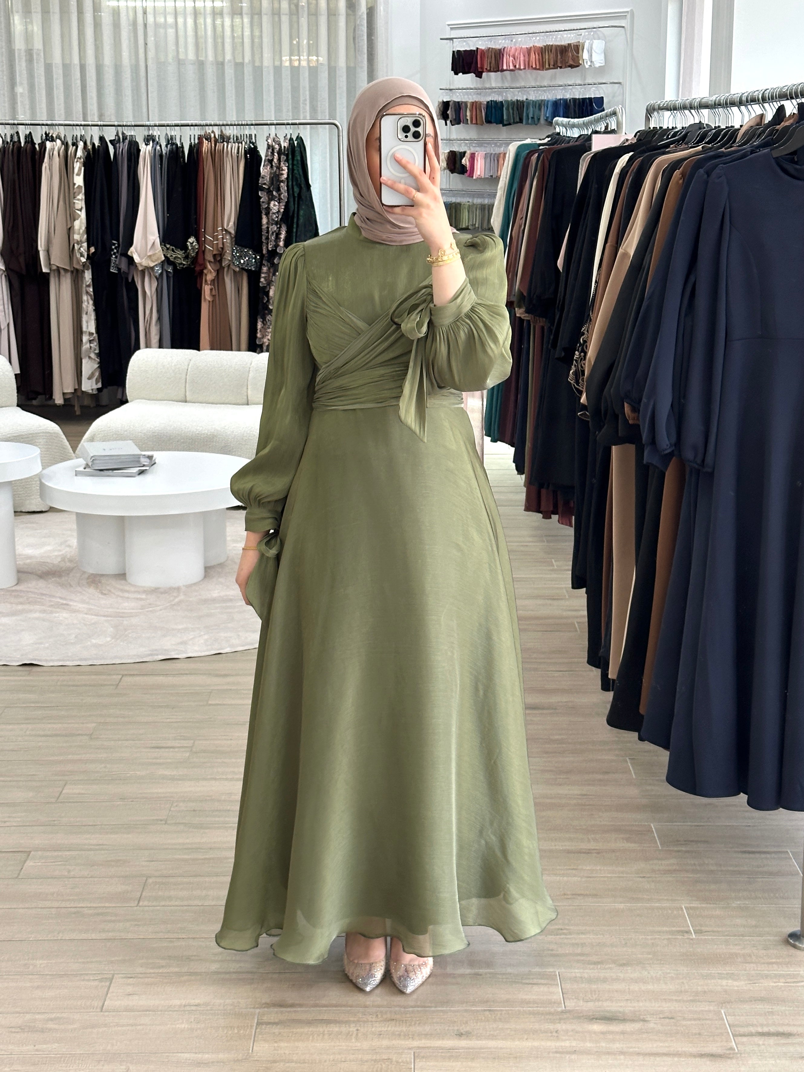 modest formal dress, long sleeve. full length maxi shimmer women's dress in green