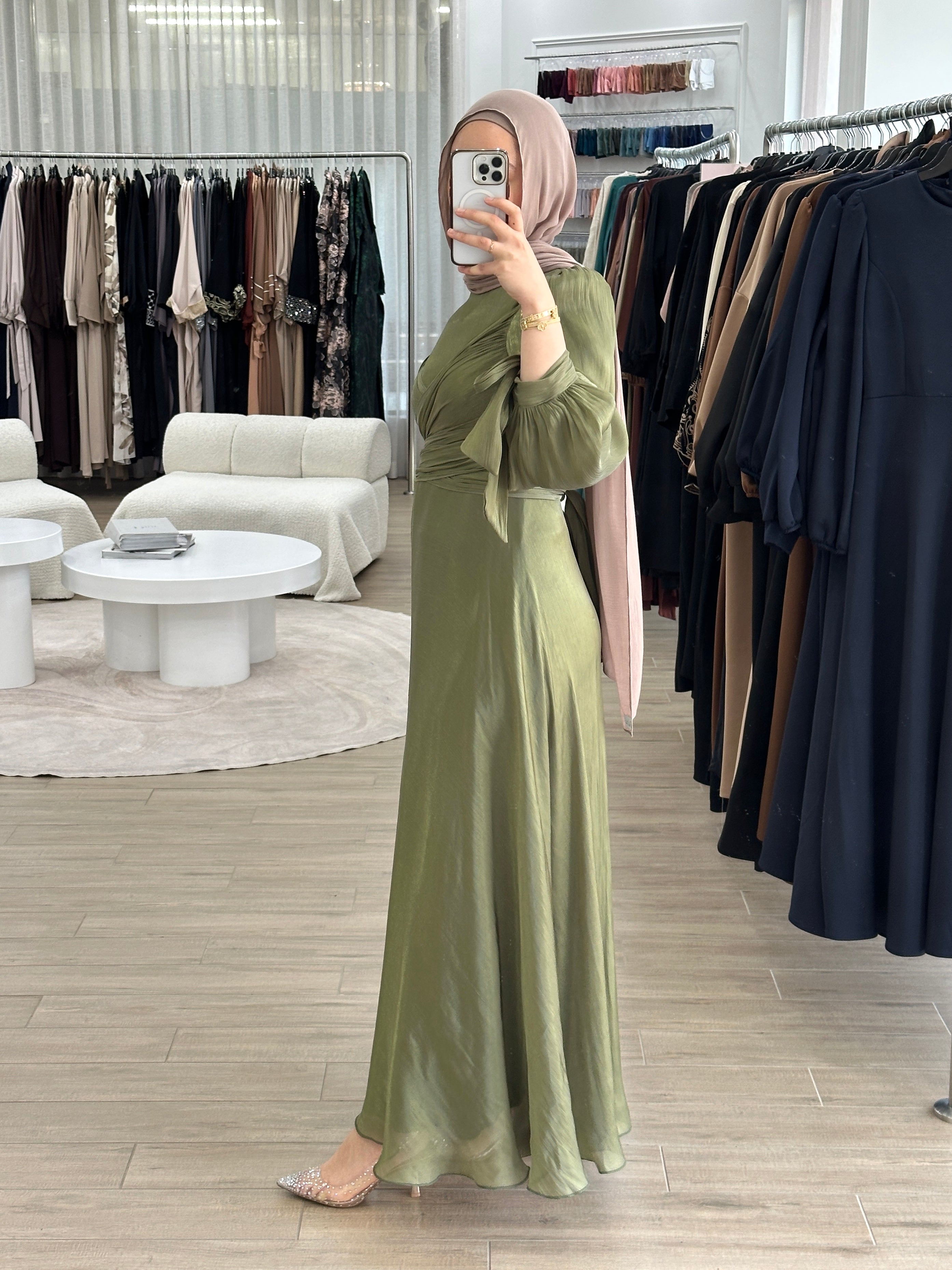 modest formal dress, long sleeve. full length maxi shimmer women's dress in green