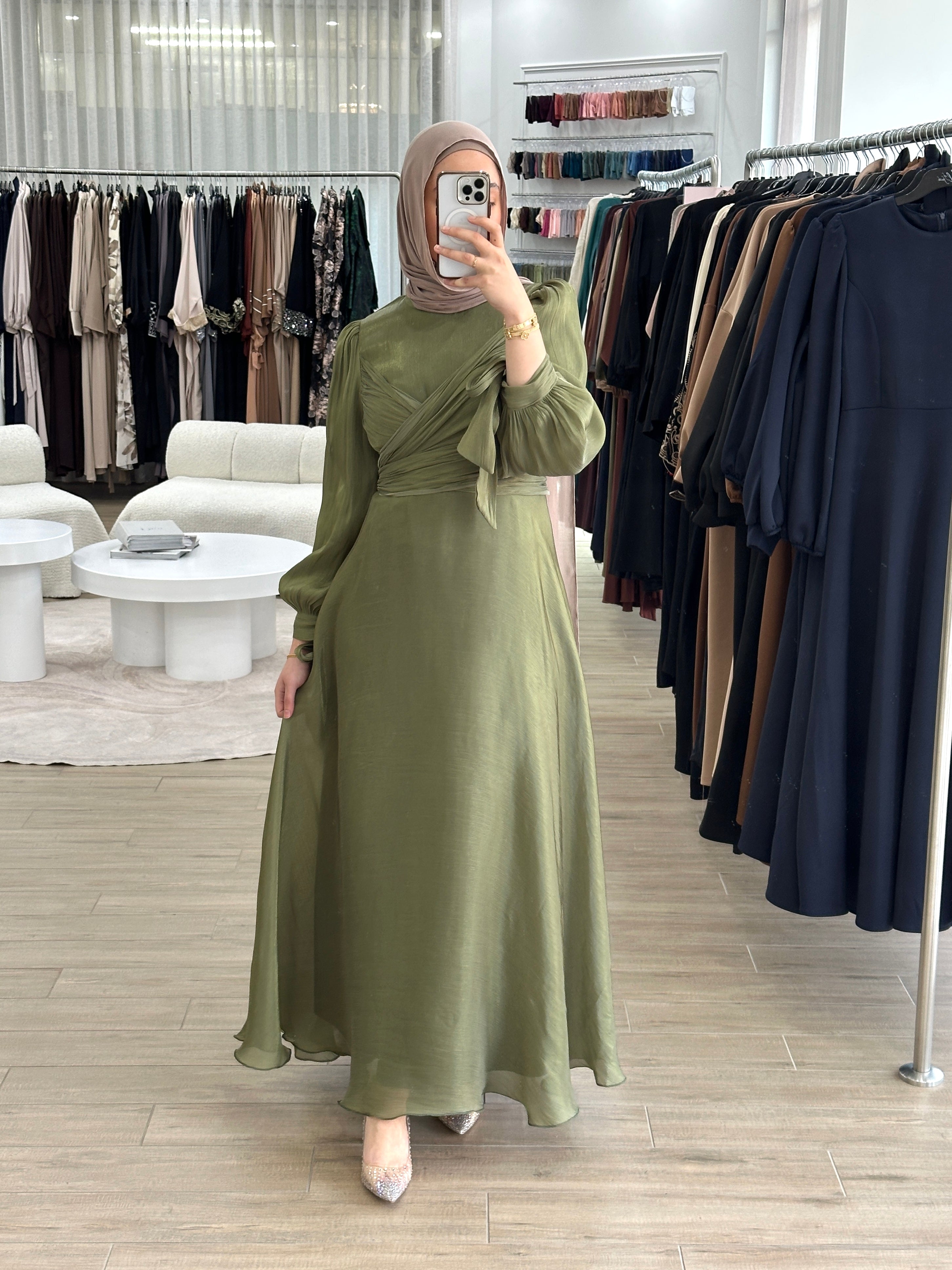 modest formal dress, long sleeve. full length maxi shimmer women's dress in green