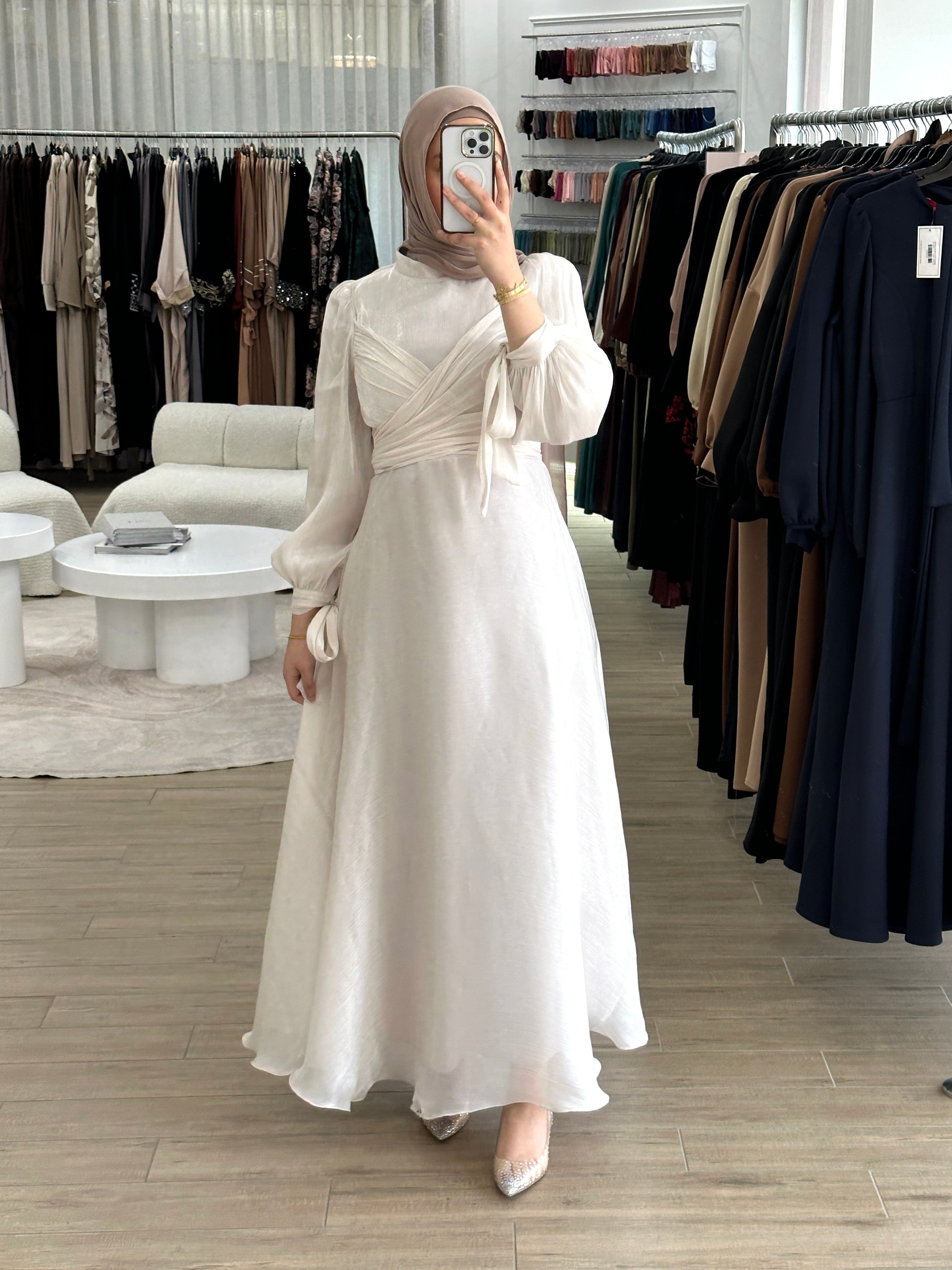 modest formal dress, long sleeve. full length maxi shimmer women's dress in pearl stone