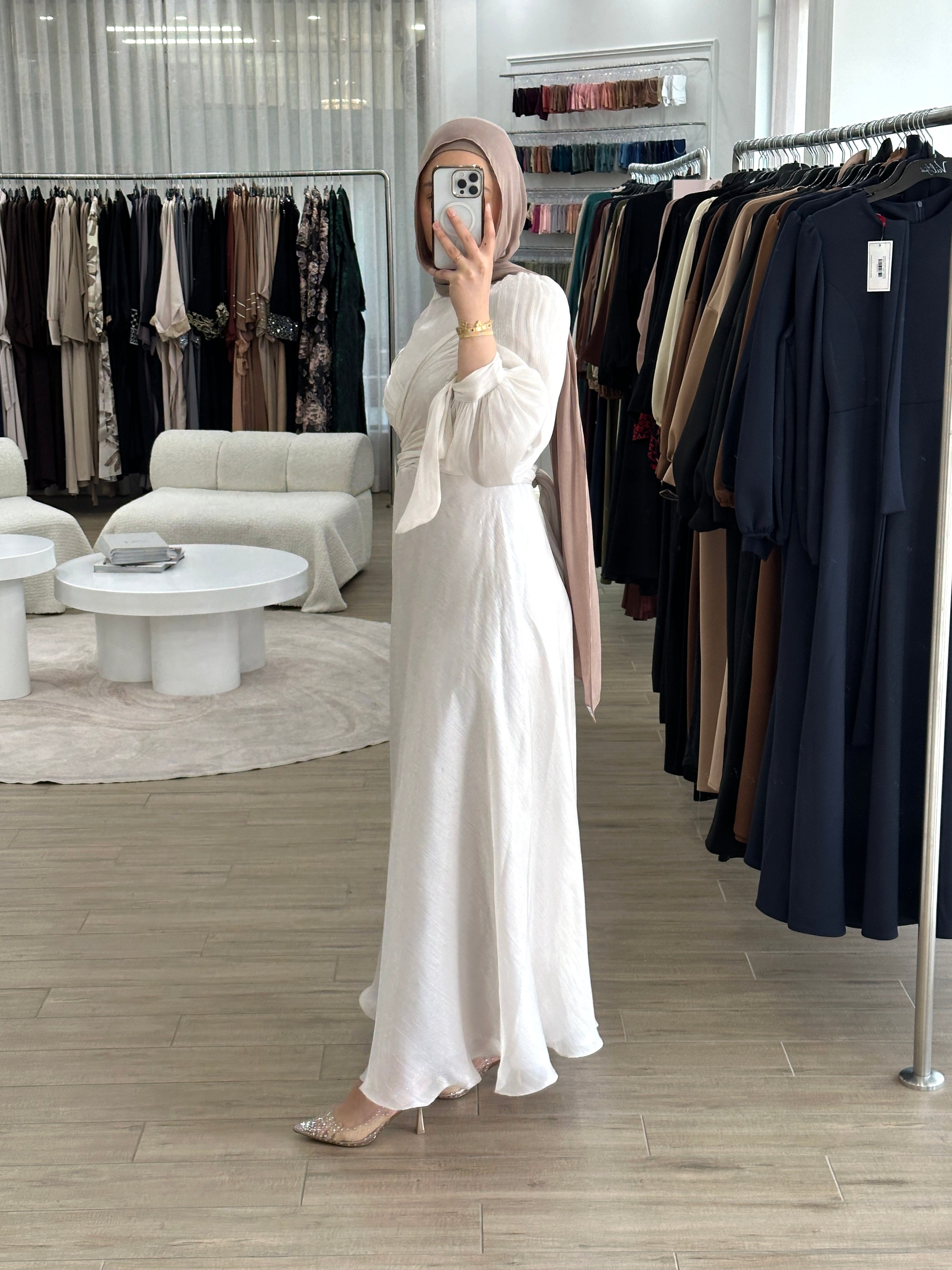 modest formal dress, long sleeve. full length maxi shimmer women's dress in pearl stone
