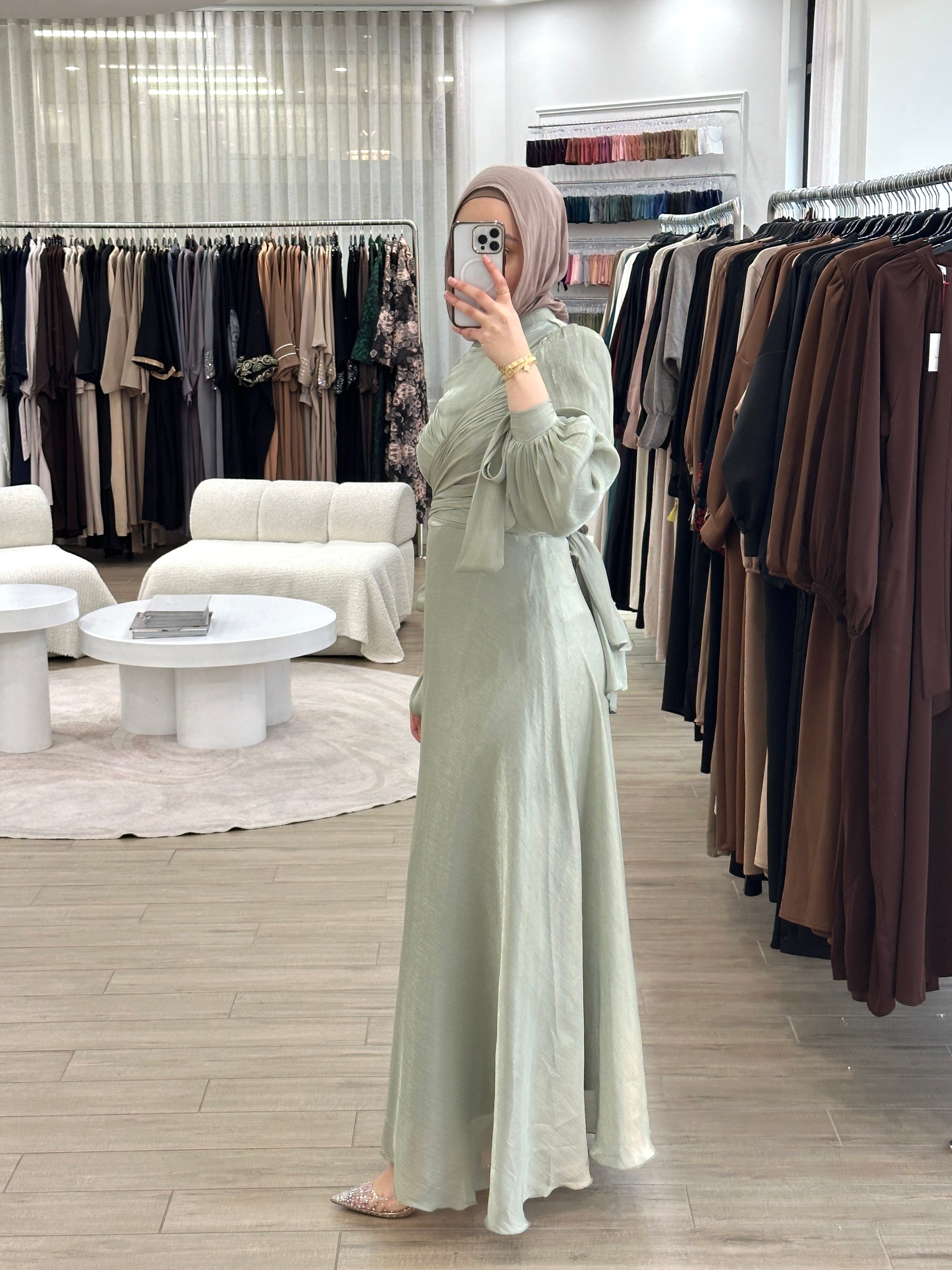 modest formal dress, long sleeve. full length maxi shimmer women's dress in pistachio