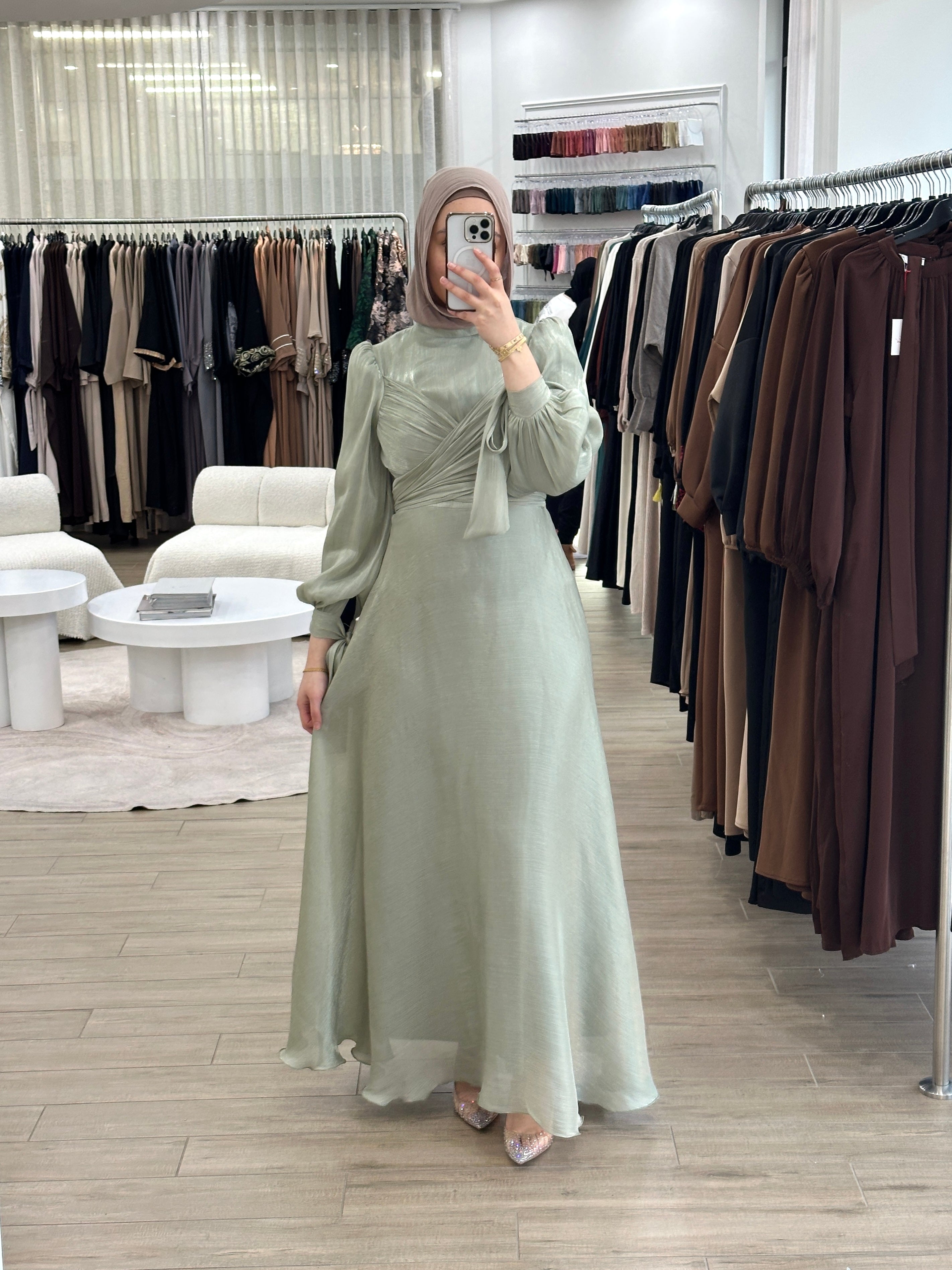 modest formal dress, long sleeve. full length maxi shimmer women's dress in pistachio