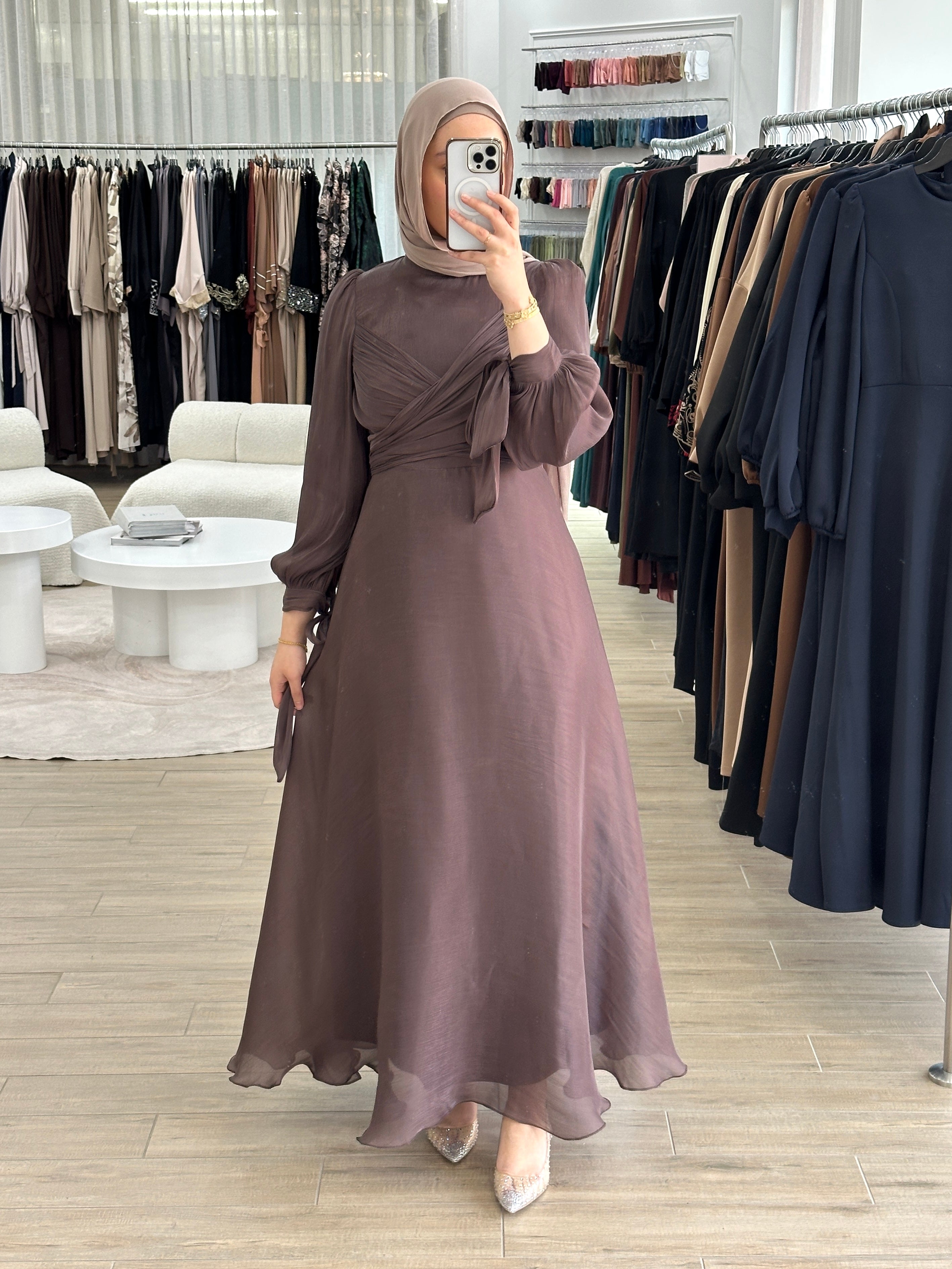 modest formal dress, long sleeve. full length maxi shimmer women's dress in brown