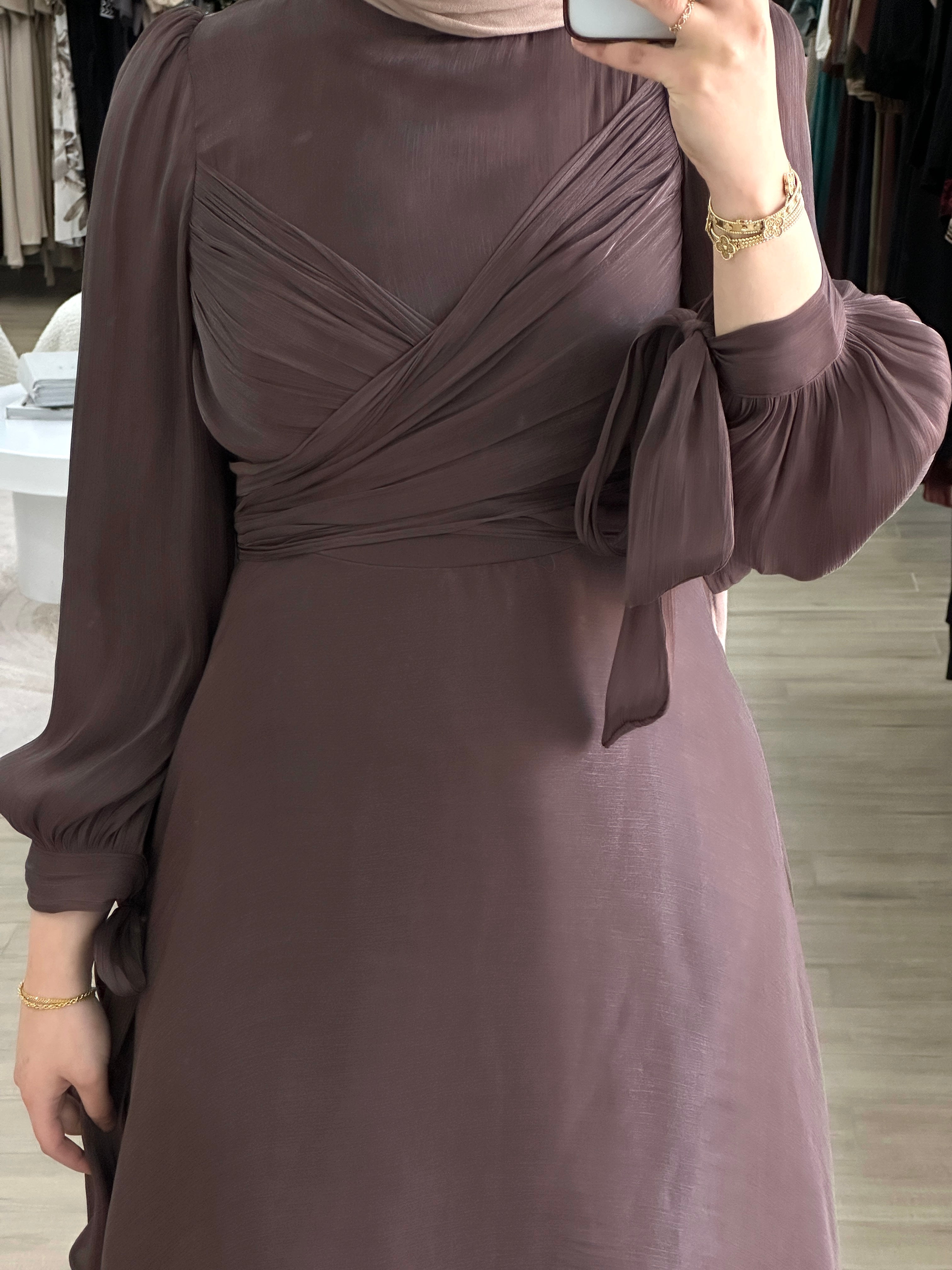 modest formal dress, long sleeve. full length maxi shimmer women's dress in brown