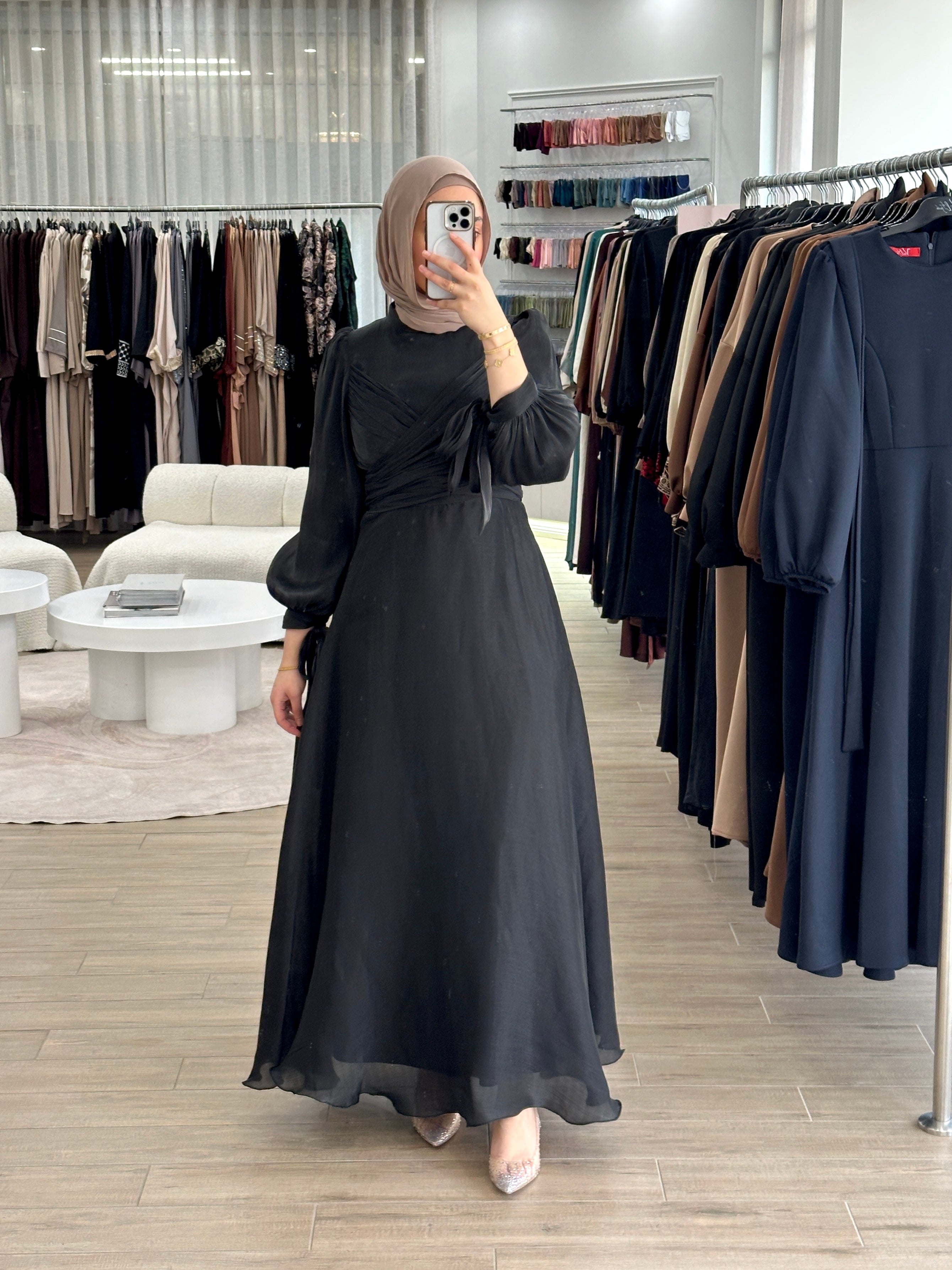 modest formal dress, long sleeve. full length maxi shimmer women's dress in black