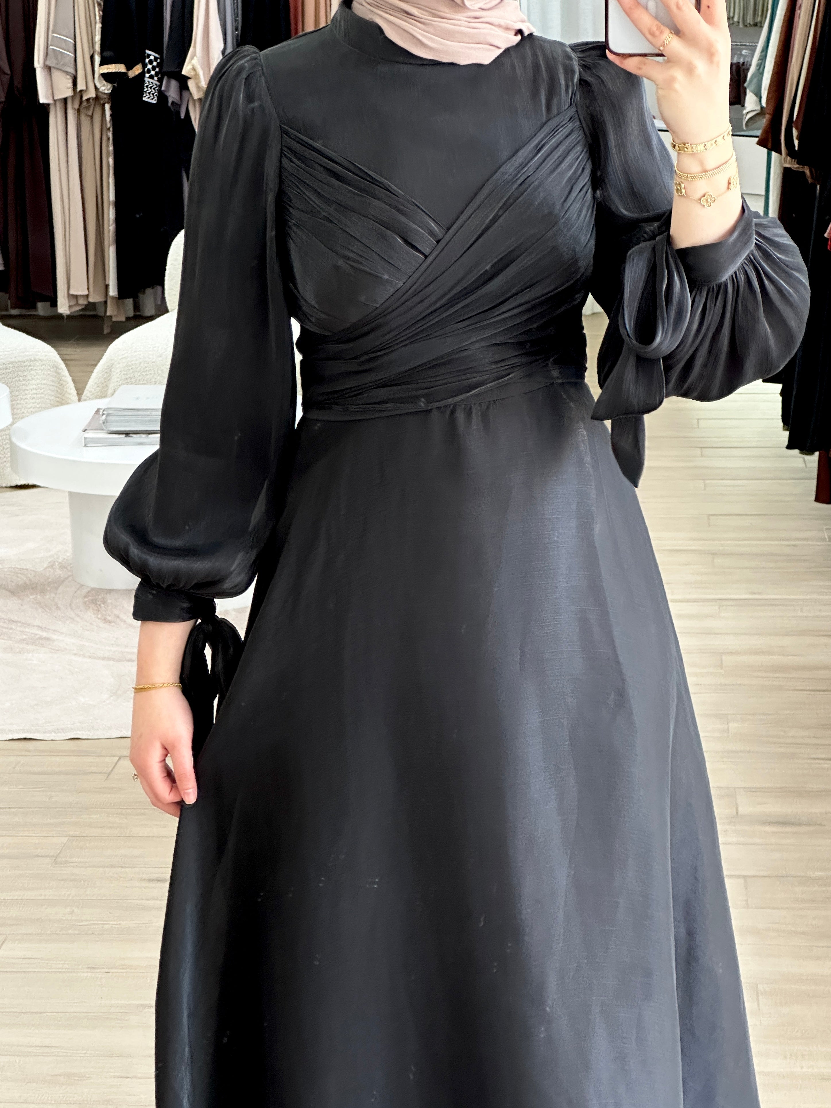 modest formal dress, long sleeve. full length maxi shimmer women's dress in black