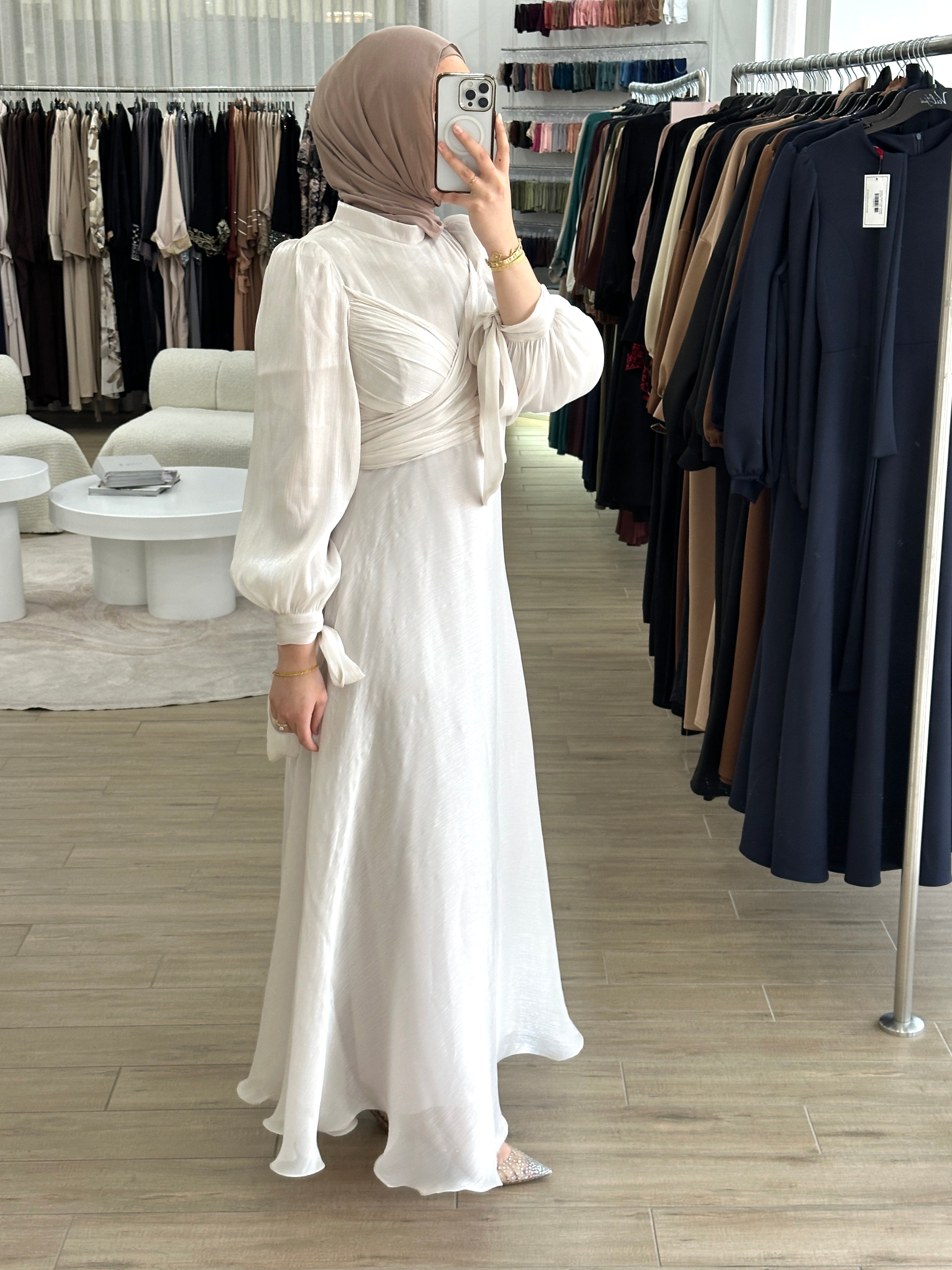 modest formal dress, long sleeve. full length maxi shimmer women's dress in stone pearl