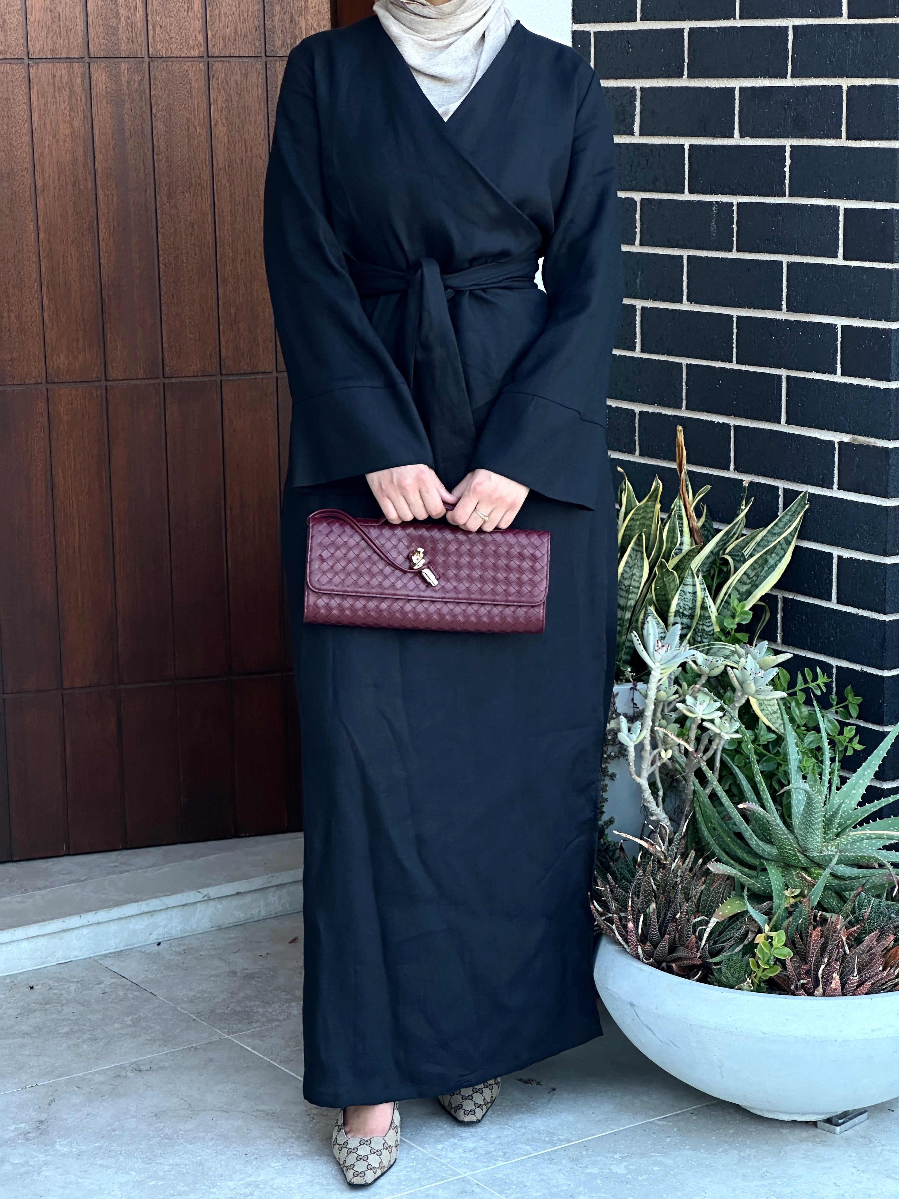 women's maxi full length kimono wrap dress with long sleeves made from linen fabric, lightweight, modest and breathable 