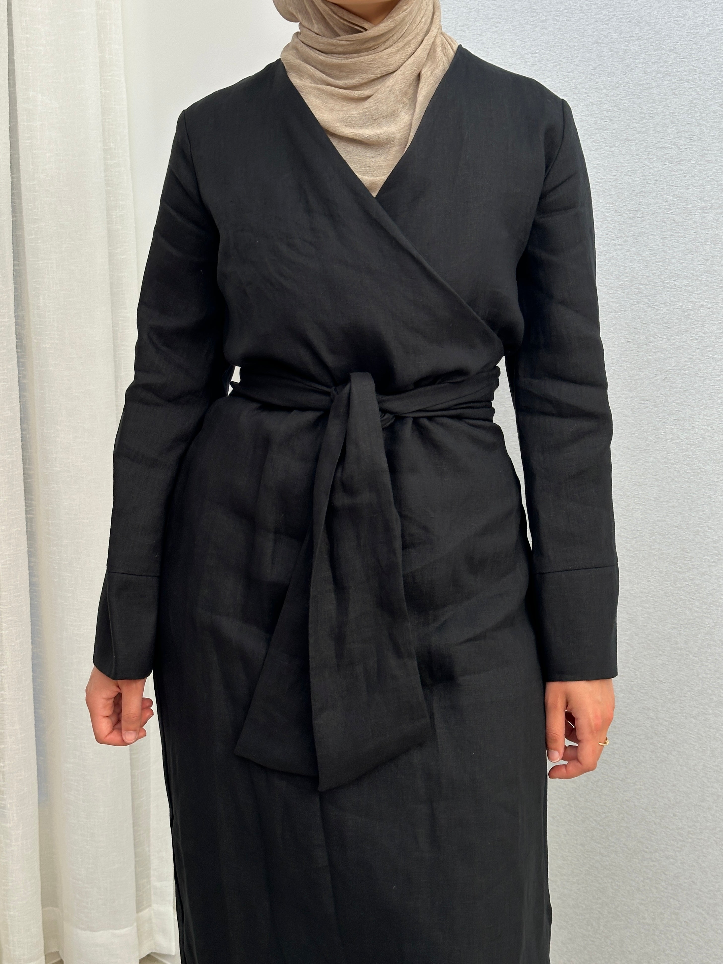 women's maxi full length kimono wrap dress with long sleeves made from linen fabric, lightweight, modest and breathable 