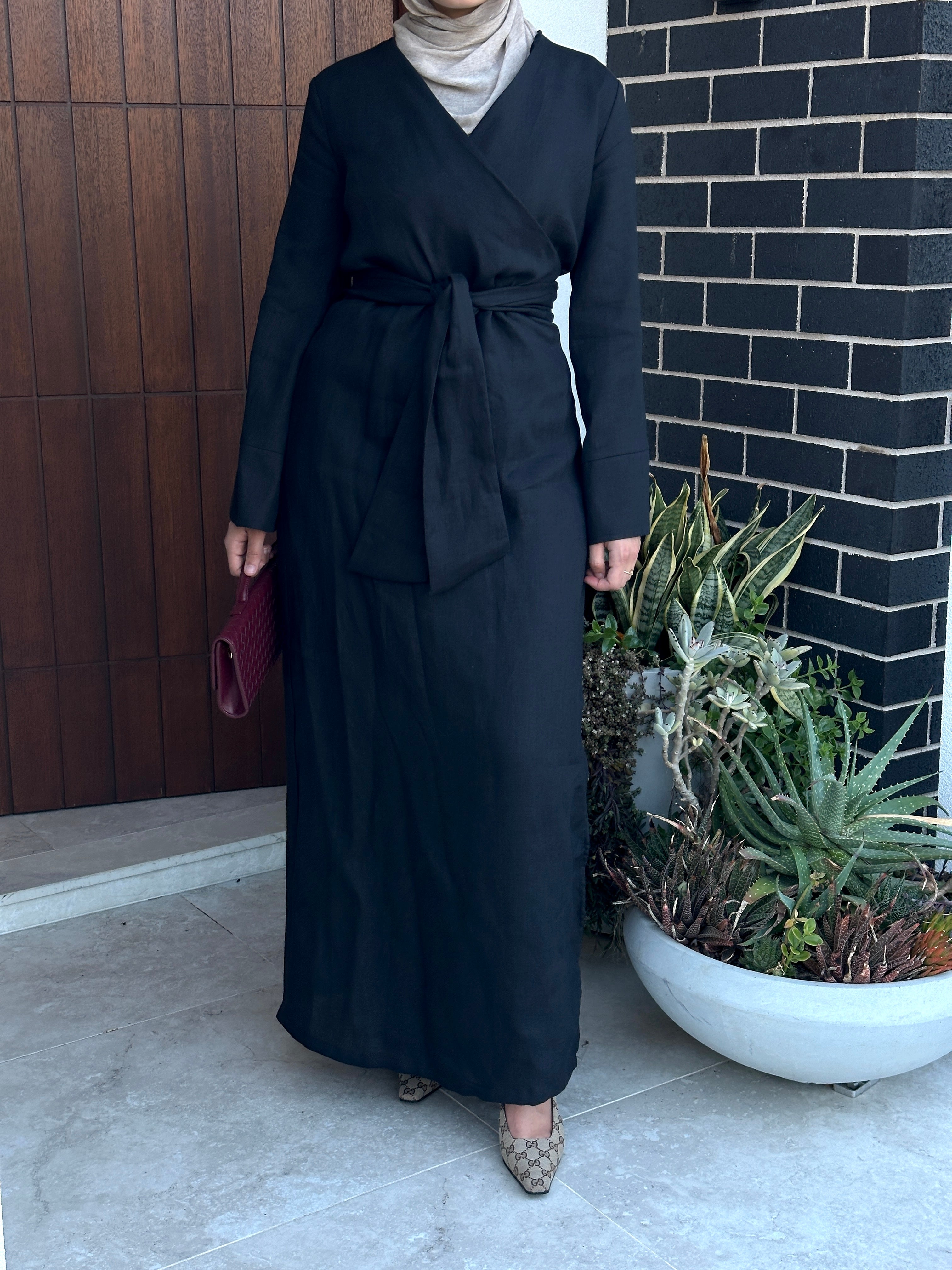 women's maxi full length kimono wrap dress with long sleeves made from linen fabric, lightweight, modest and breathable 