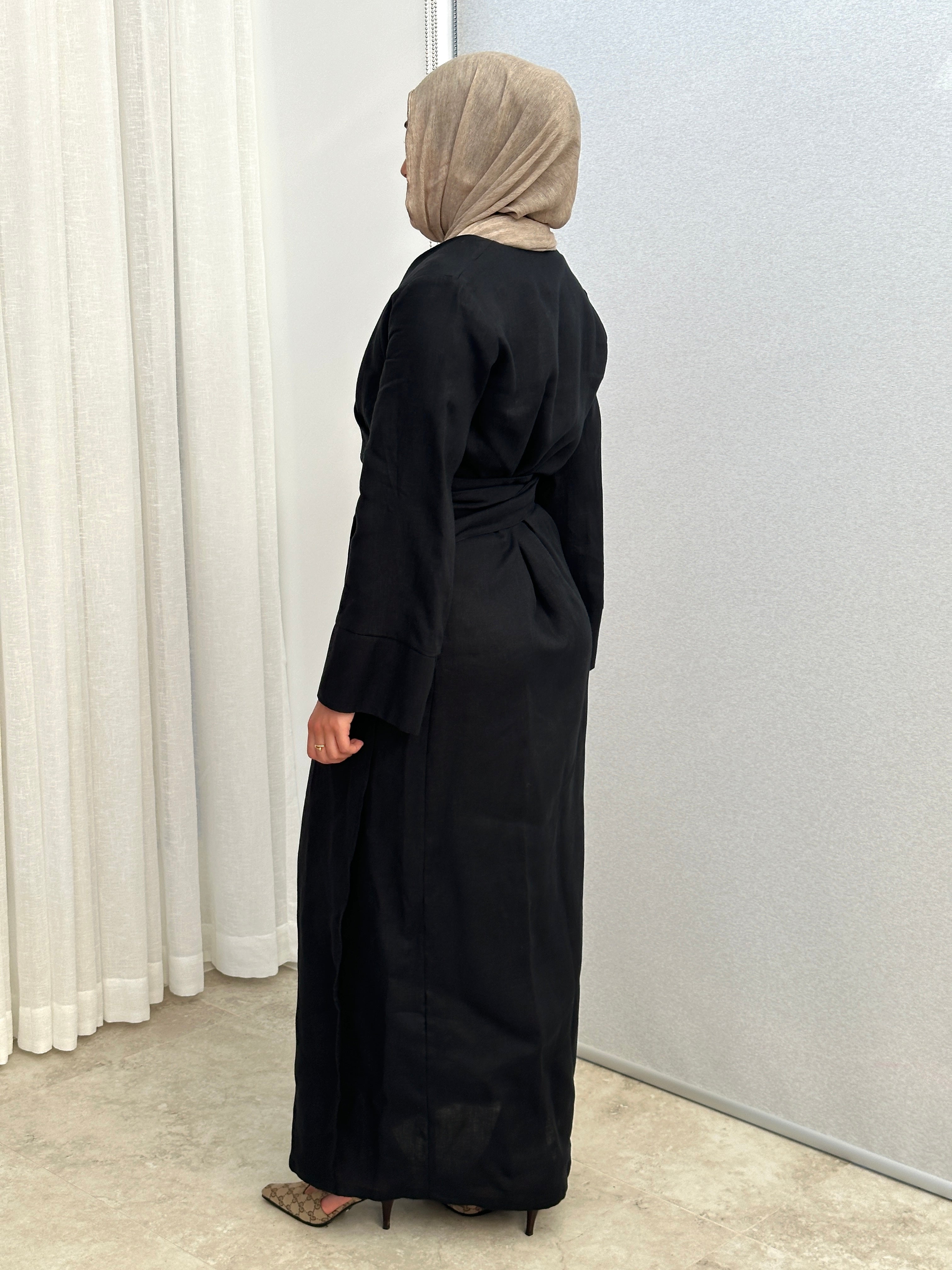 women's maxi full length kimono wrap dress with long sleeves made from linen fabric, lightweight, modest and breathable 