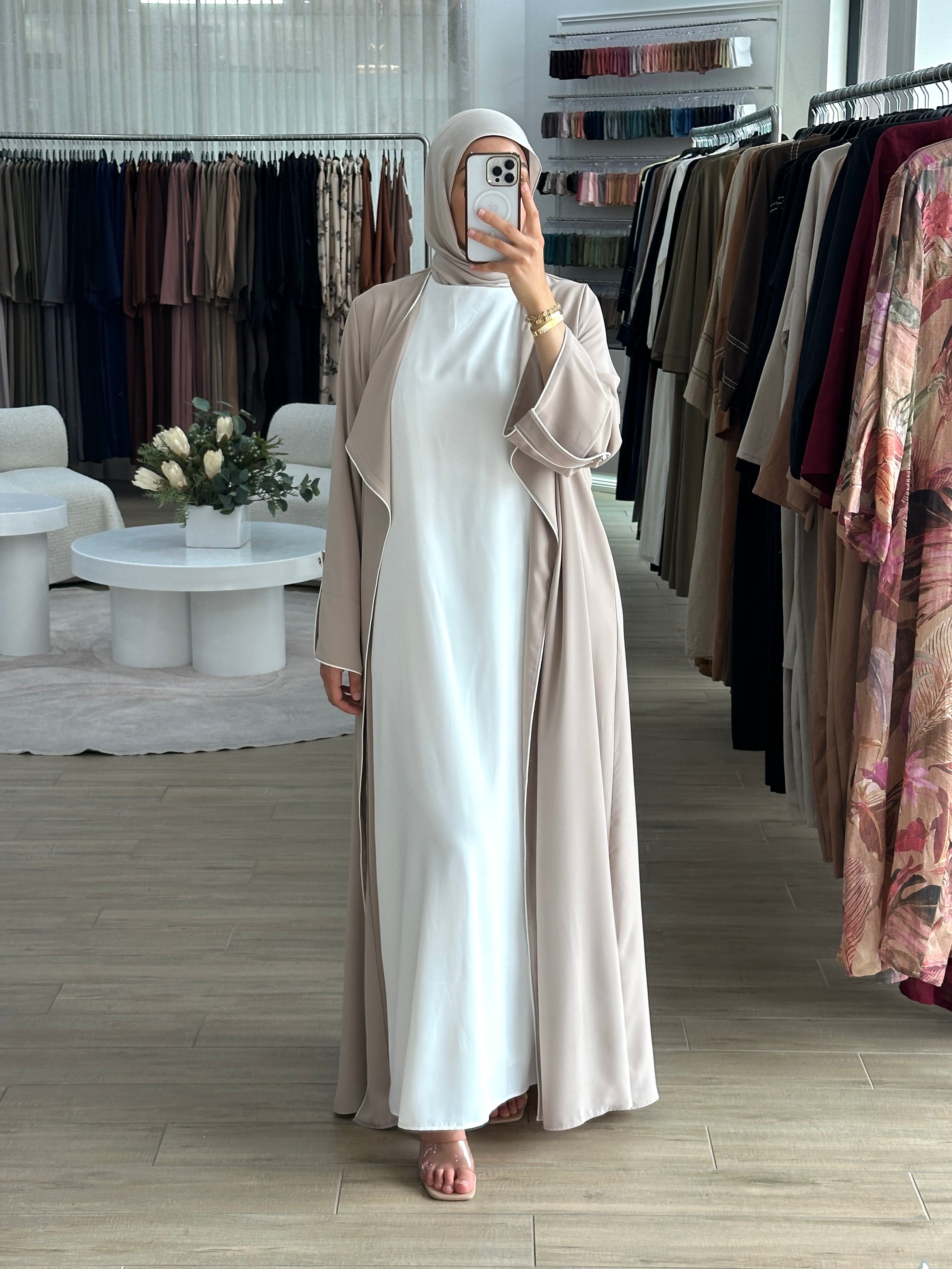 women's 2 piece set incudes full length dress and maxi open abaya, lightweight and breathable for spring/summer modest fashion with full coverage, hijabi friendly.