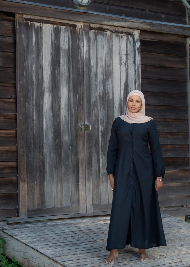 DEMURE LINEN DRESS- BLACK
