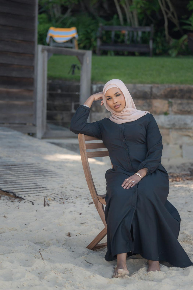 DEMURE LINEN DRESS- BLACK
