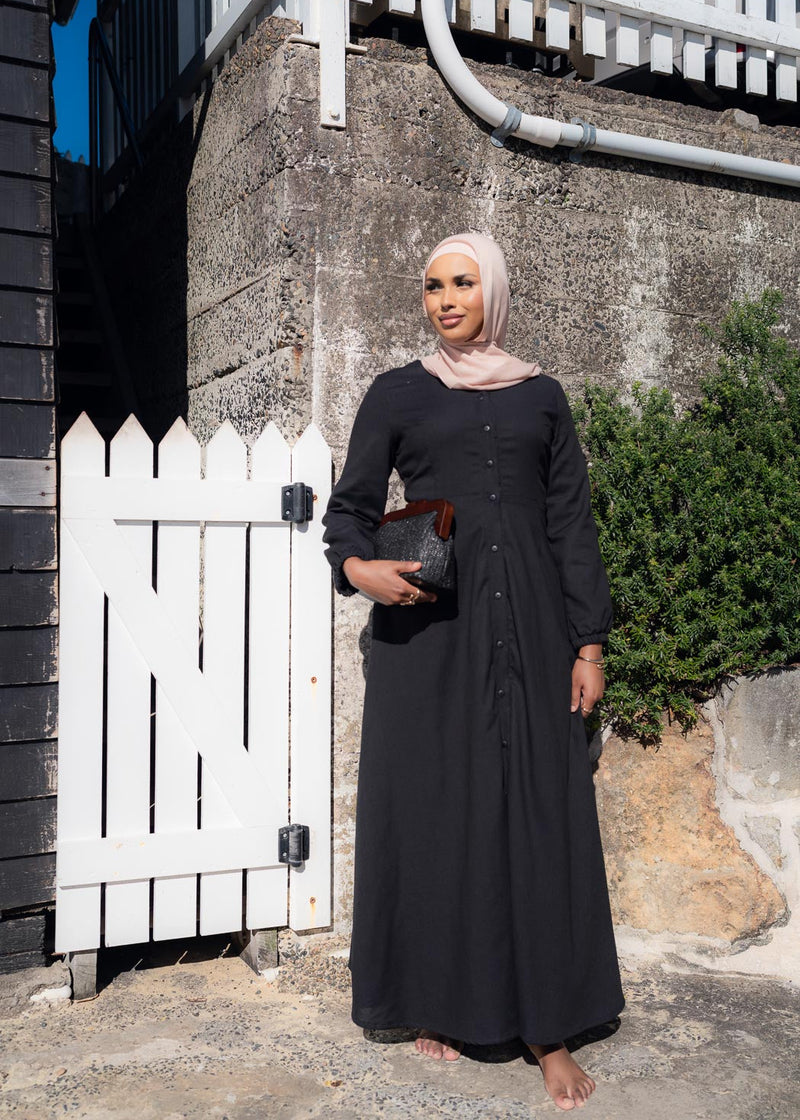 DEMURE LINEN DRESS- BLACK
