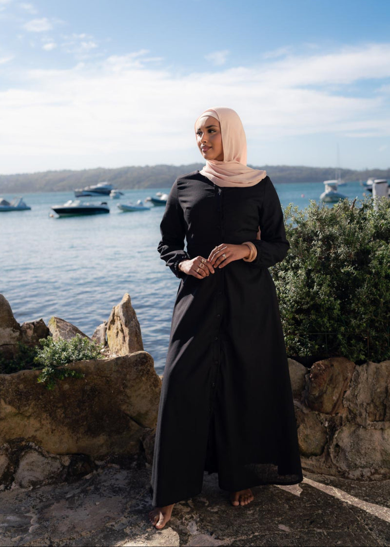 DEMURE LINEN DRESS- BLACK