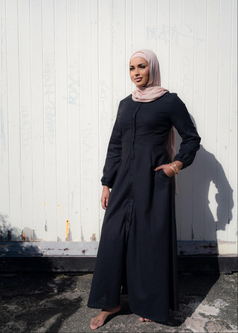 DEMURE LINEN DRESS- BLACK