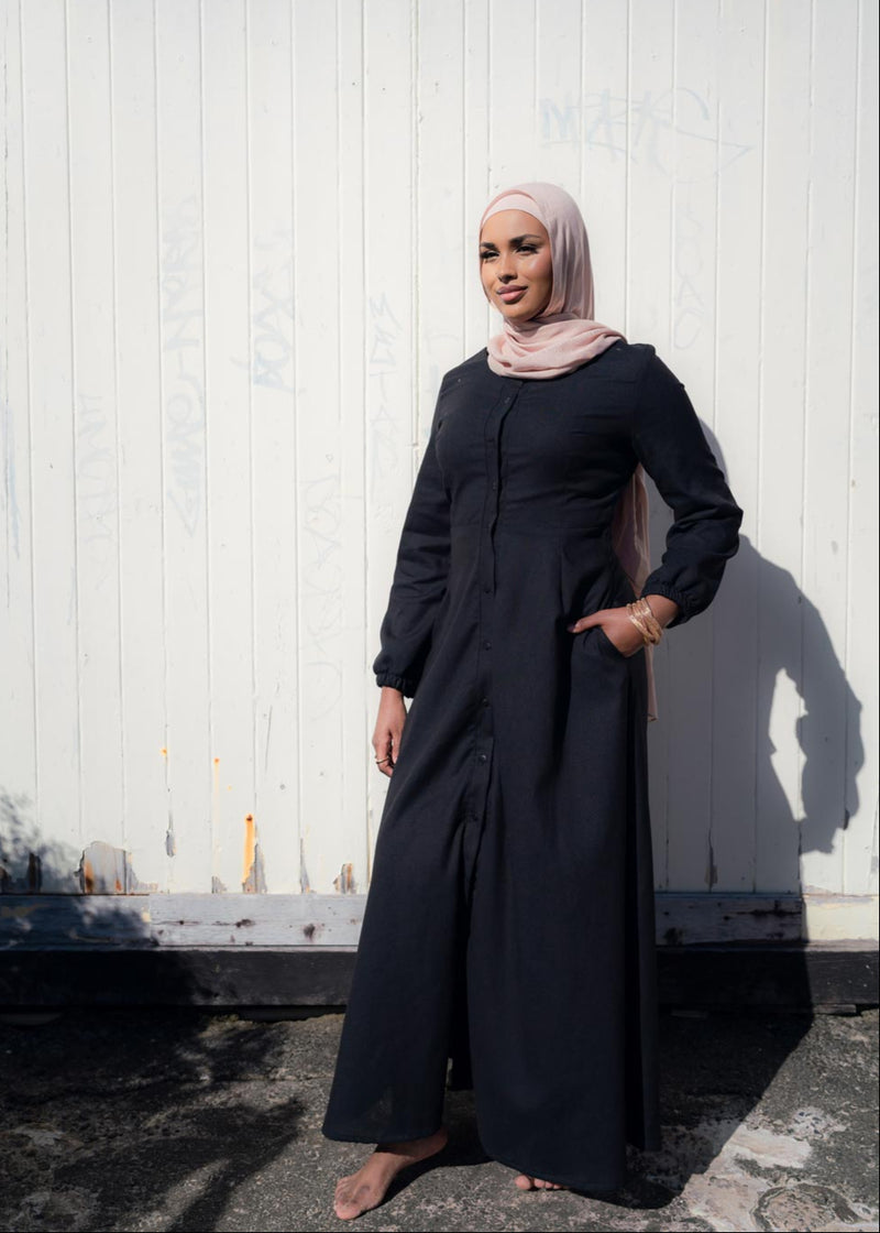 DEMURE LINEN DRESS- BLACK