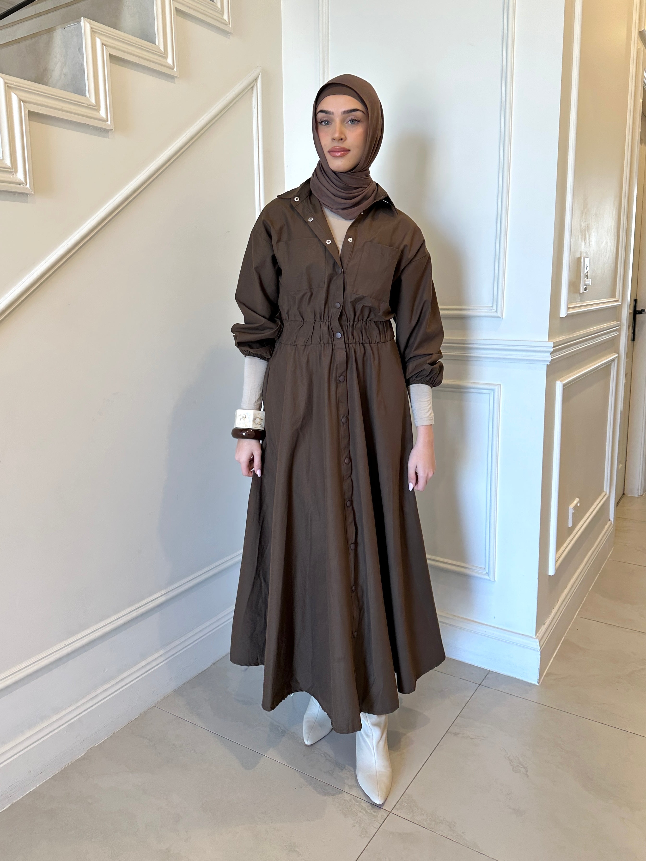 Veil of Faith Nomad Dress — neutral modest maxi dress with flowy silhouette