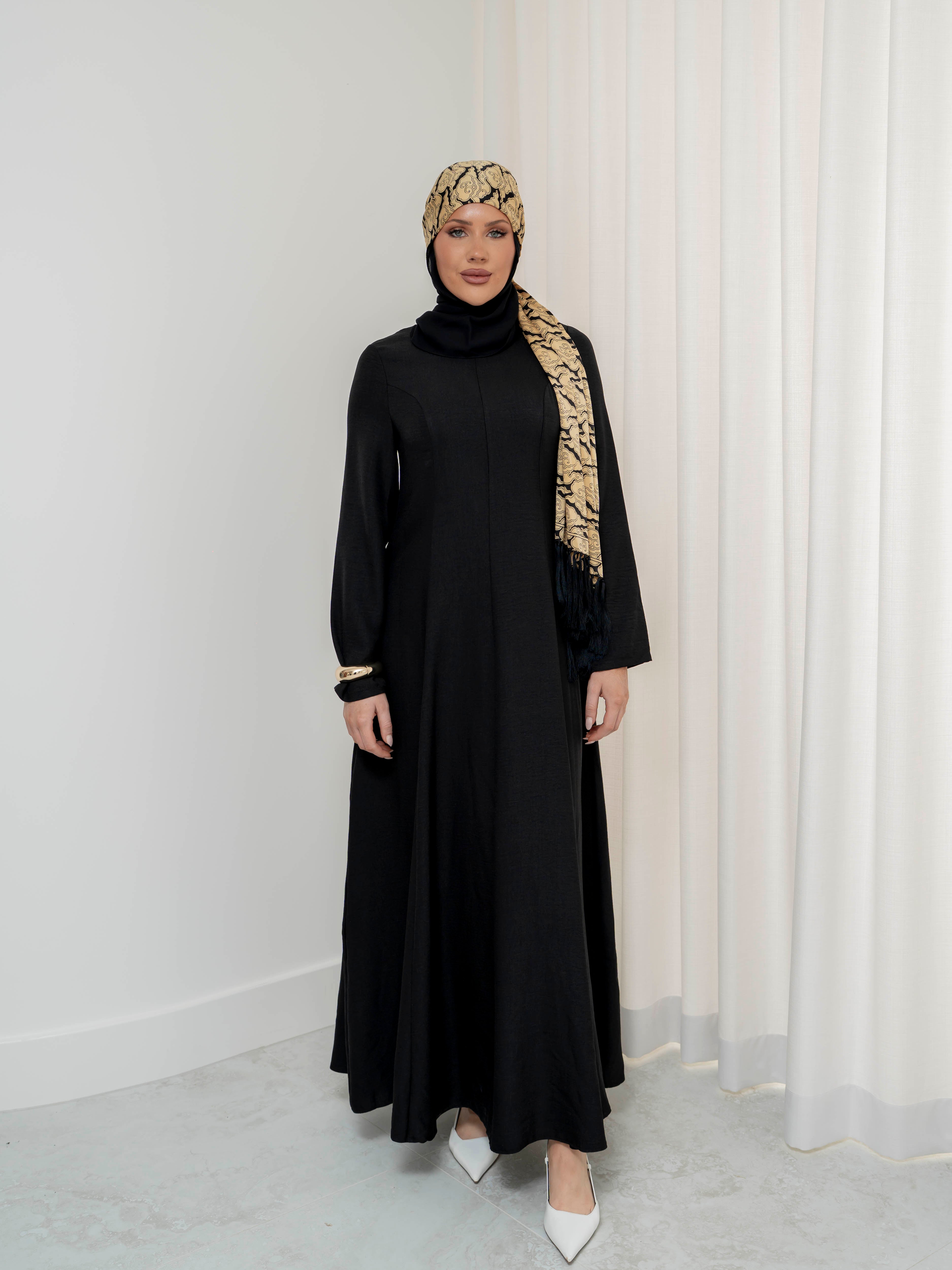 women's maxi flow dress for spring summer modest fashion with full length sleeves 