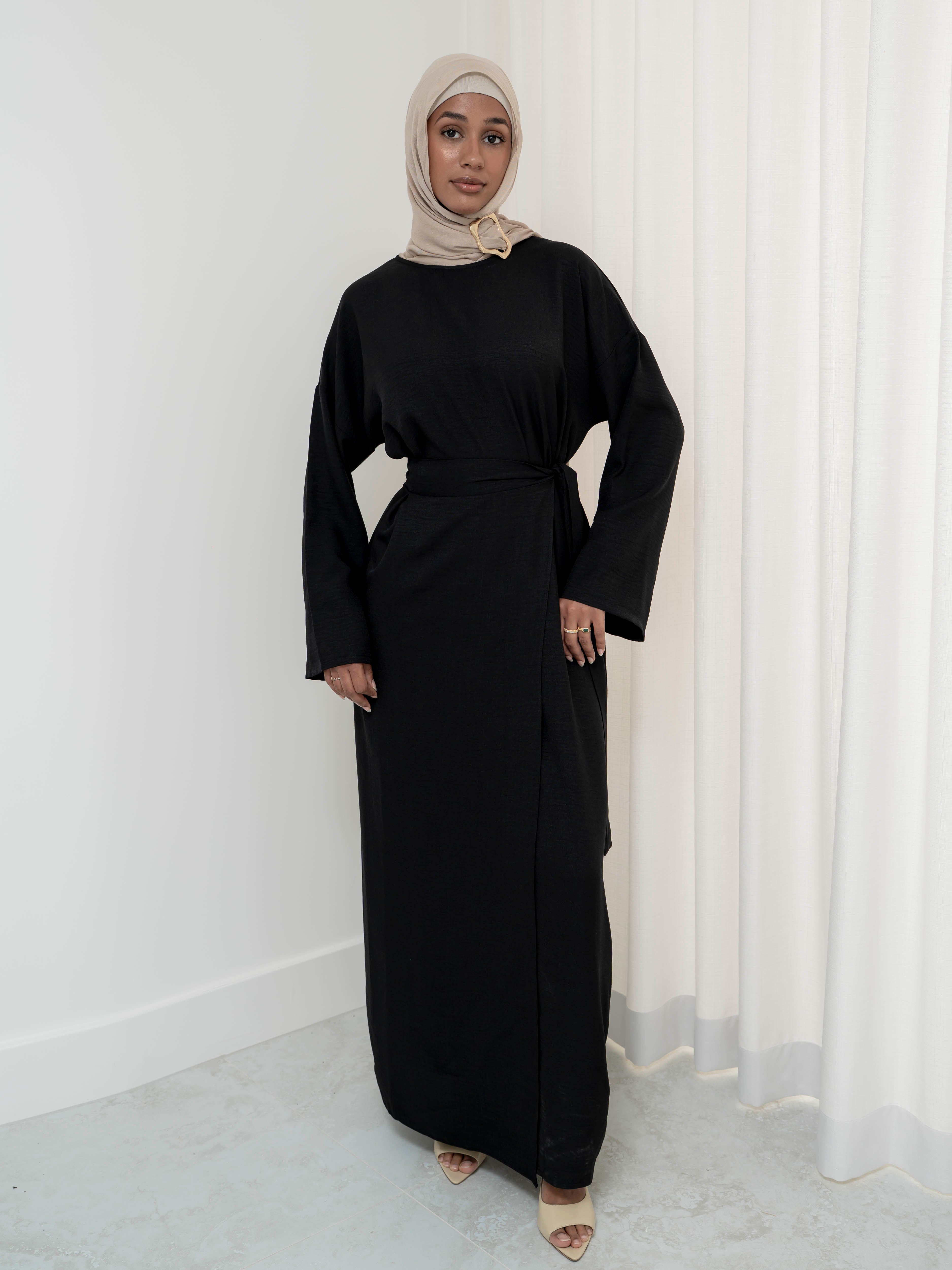 women's modest set, includes maxi full length dress/abaya with rap around skirt for spring summer fashion