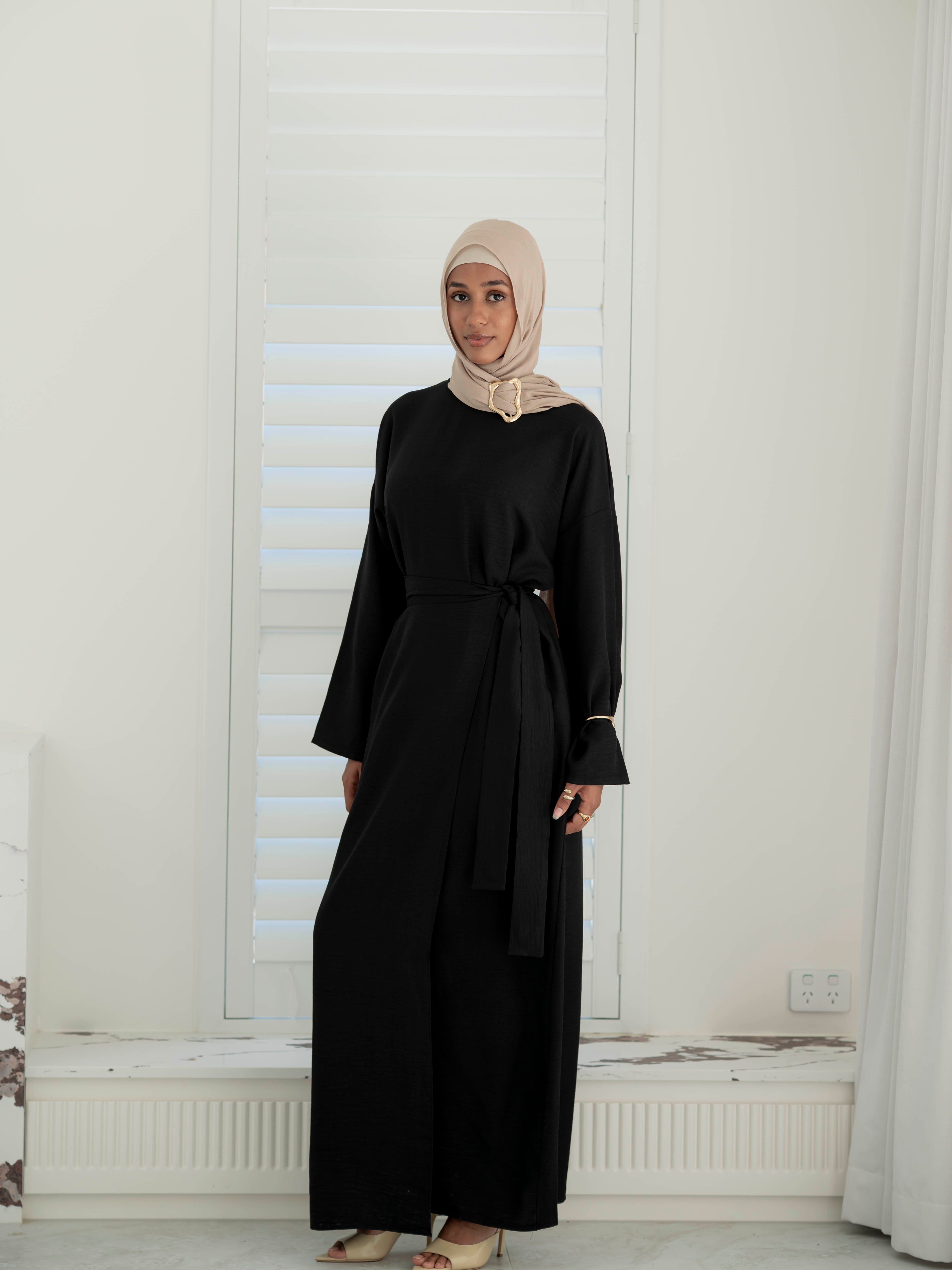 women's modest set, includes maxi full length dress/abaya with rap around skirt for spring summer fashion
