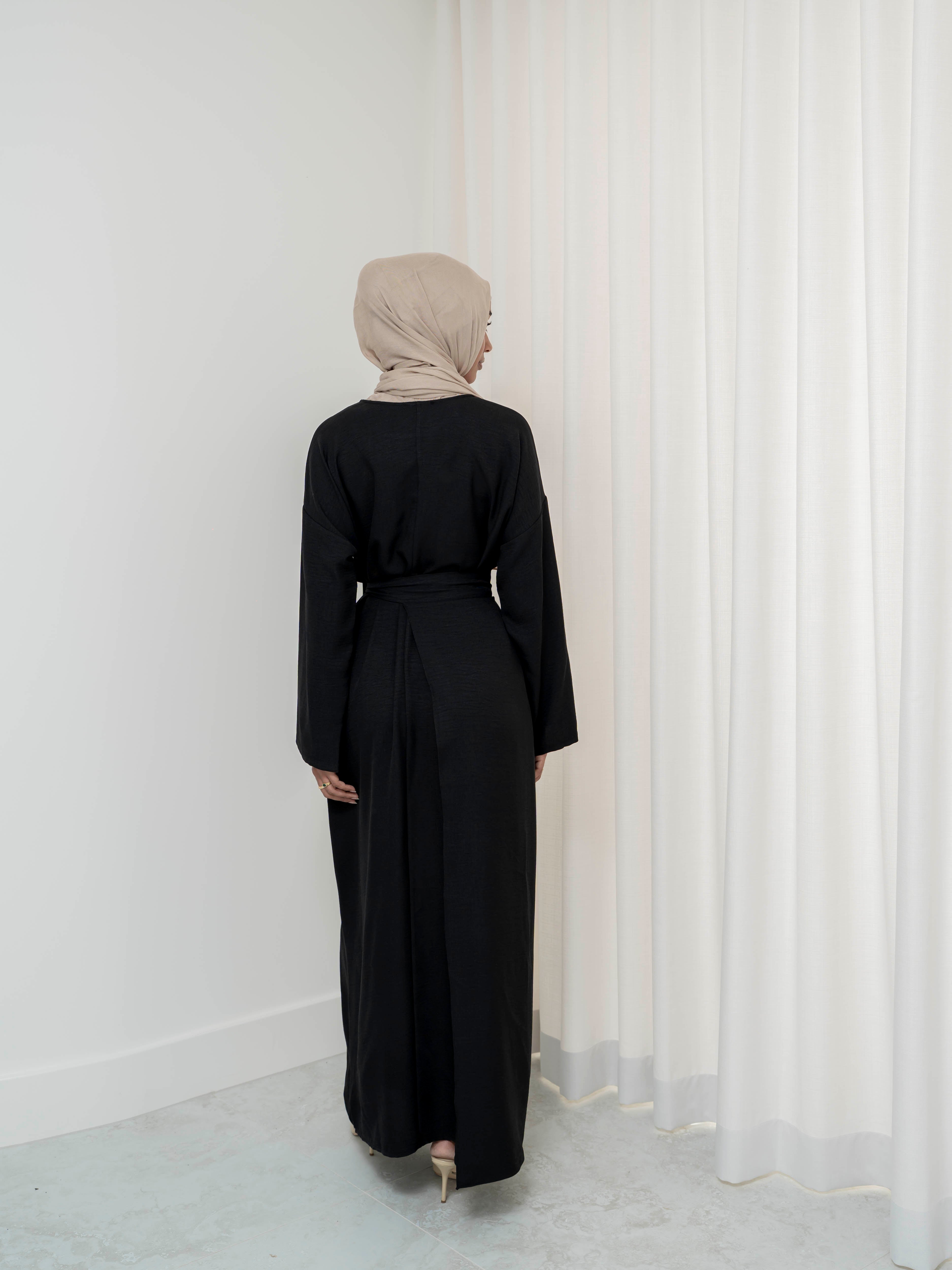 women's modest set, includes maxi full length dress/abaya with rap around skirt for spring summer fashion