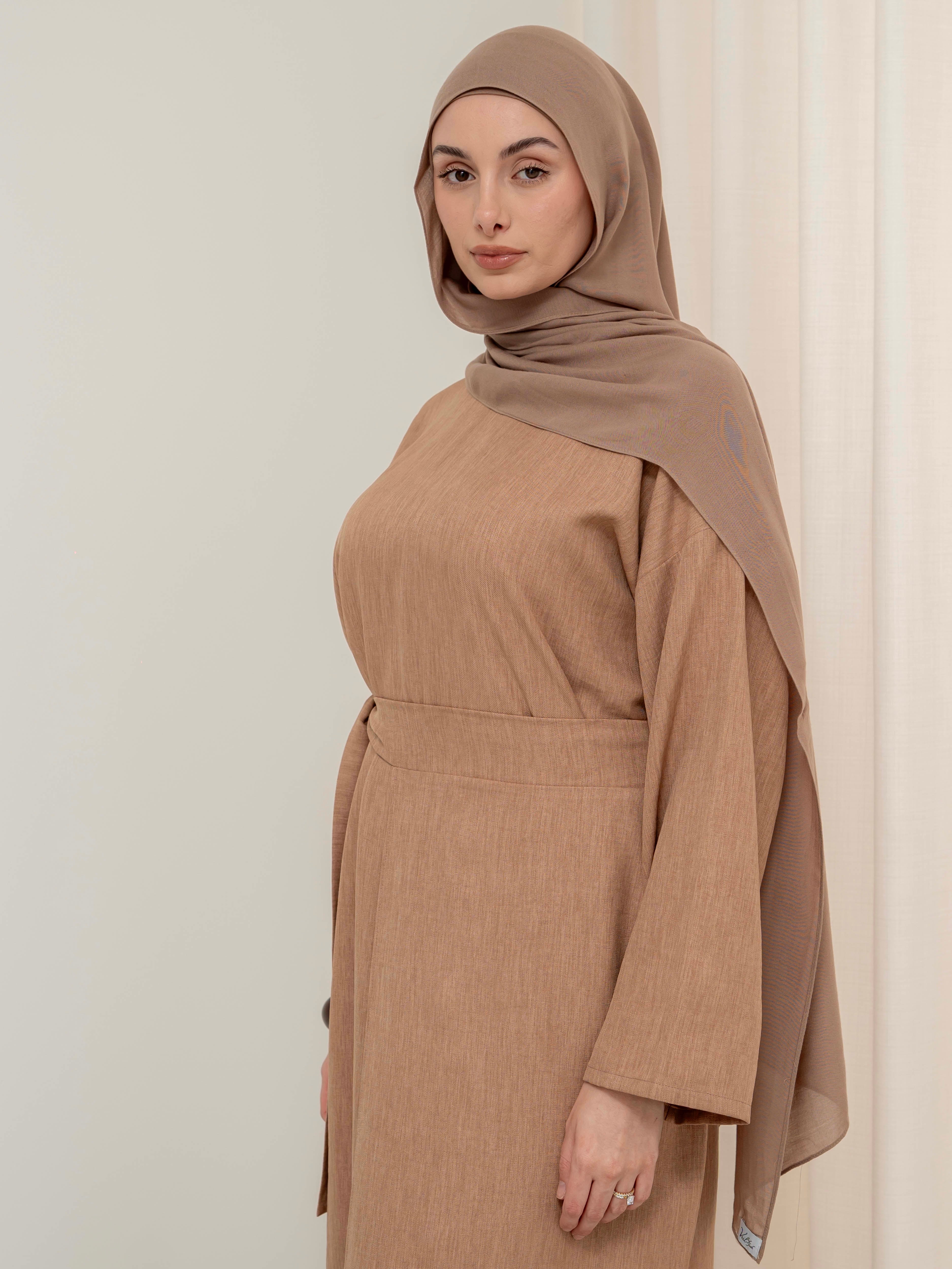 women's modest set, includes maxi full length dress/abaya with rap around skirt for spring summer fashion
