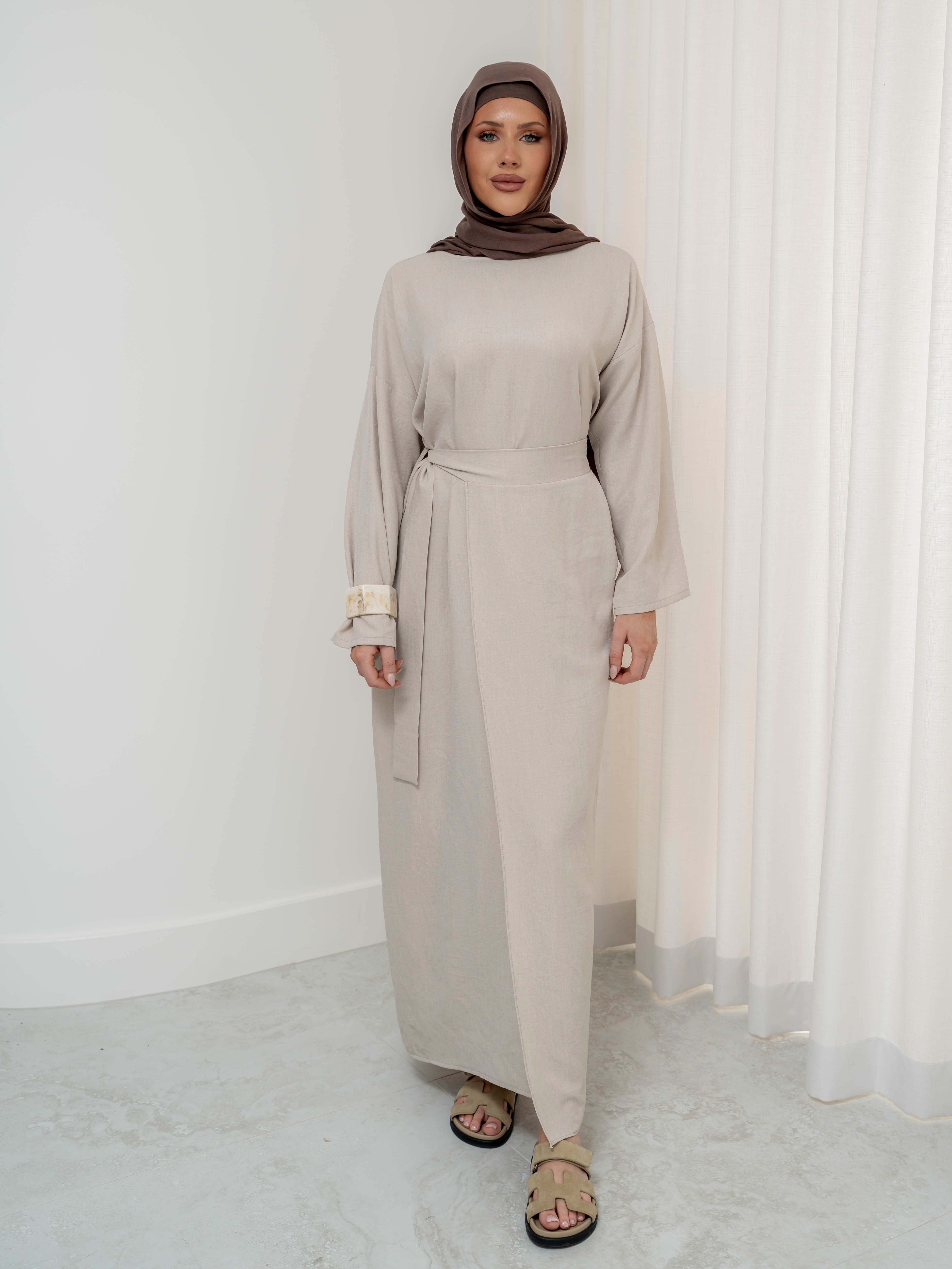 women's modest set, includes maxi full length dress/abaya with rap around skirt for spring summer fashion