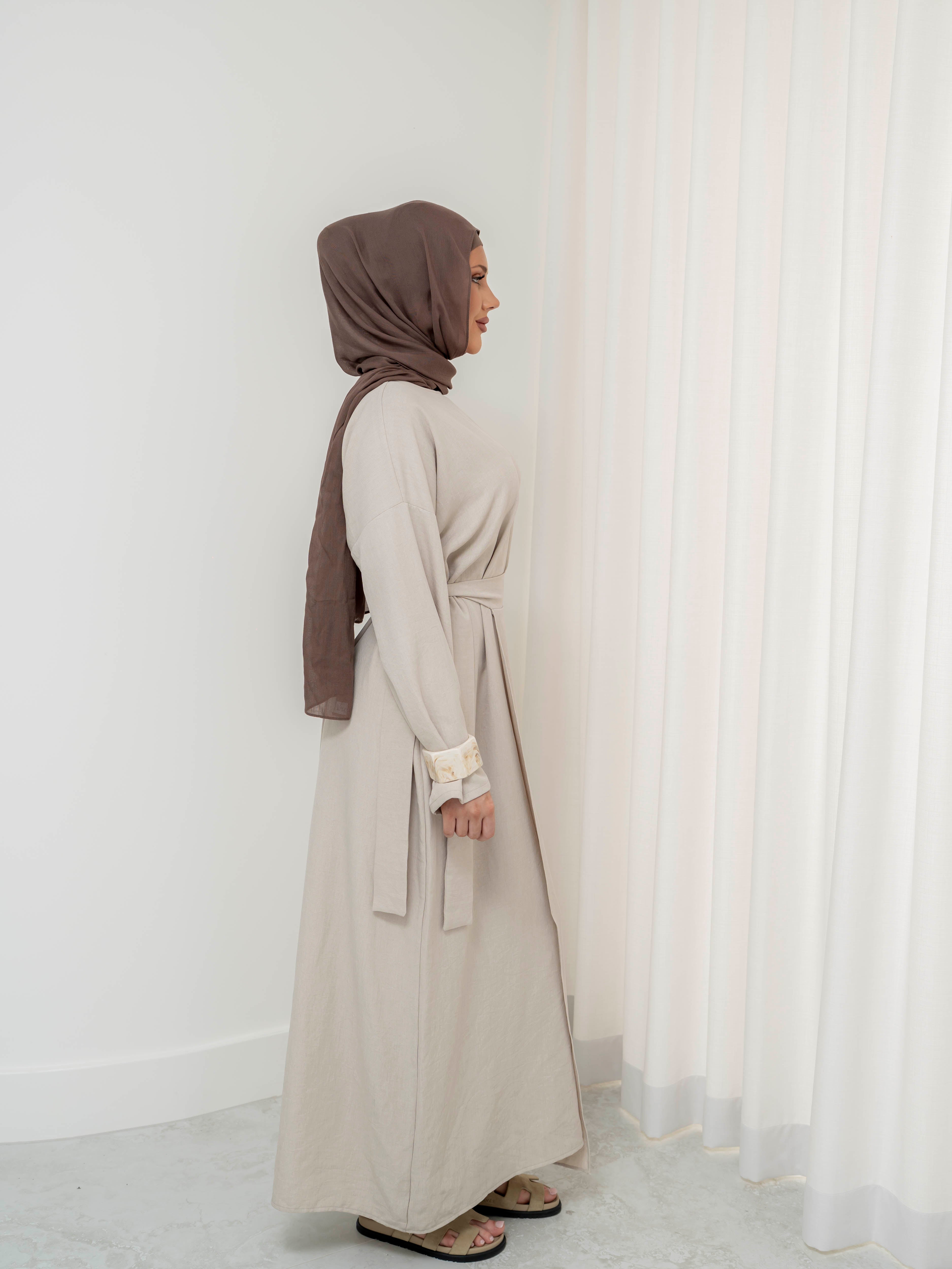 women's modest set, includes maxi full length dress/abaya with rap around skirt for spring summer fashion
