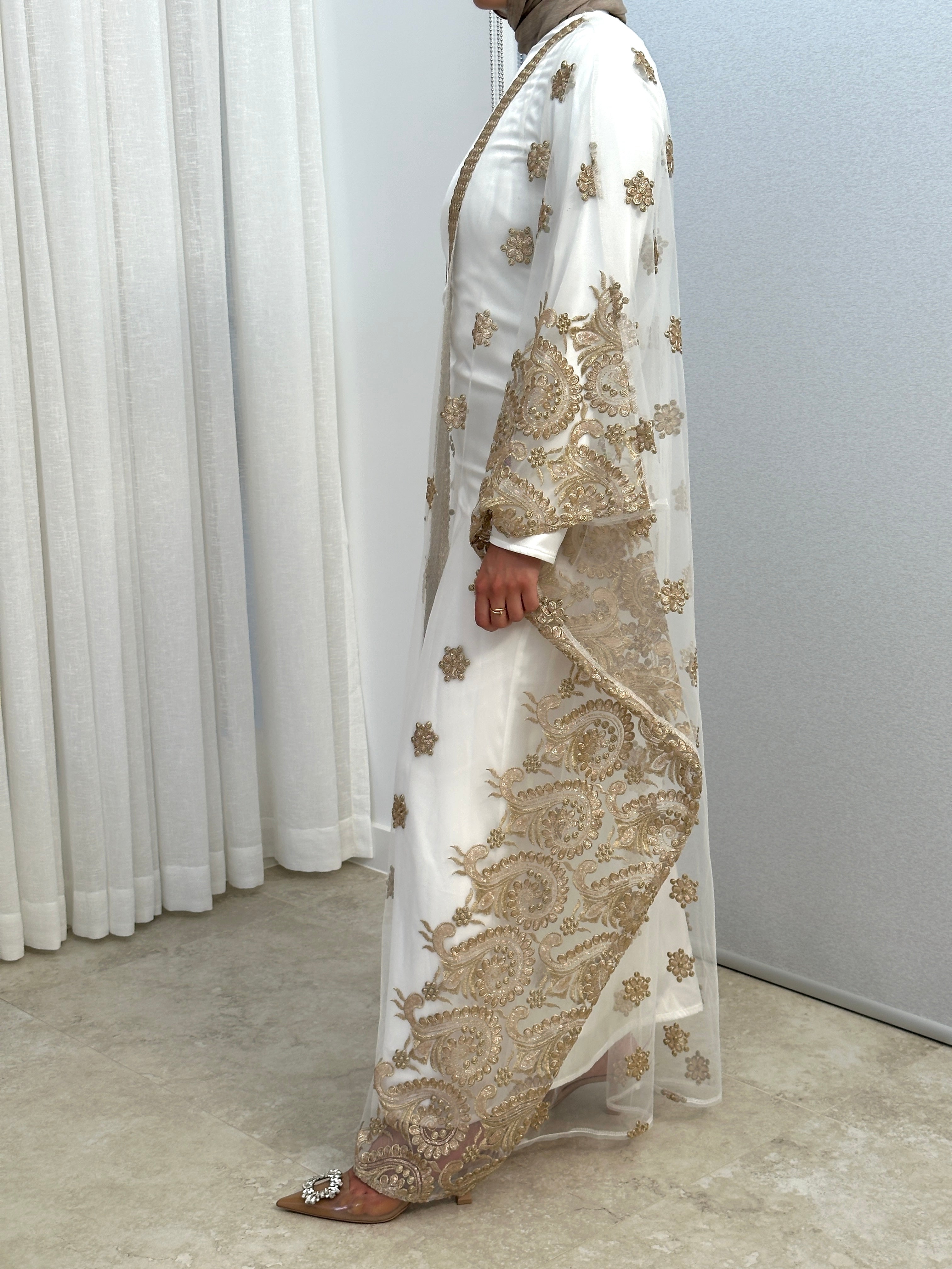 women's 2 piece abaya set in white with gold embellishment for ramadan/ eid, event/ occasion wear. suitable for modest fashion girls, hijabis. 