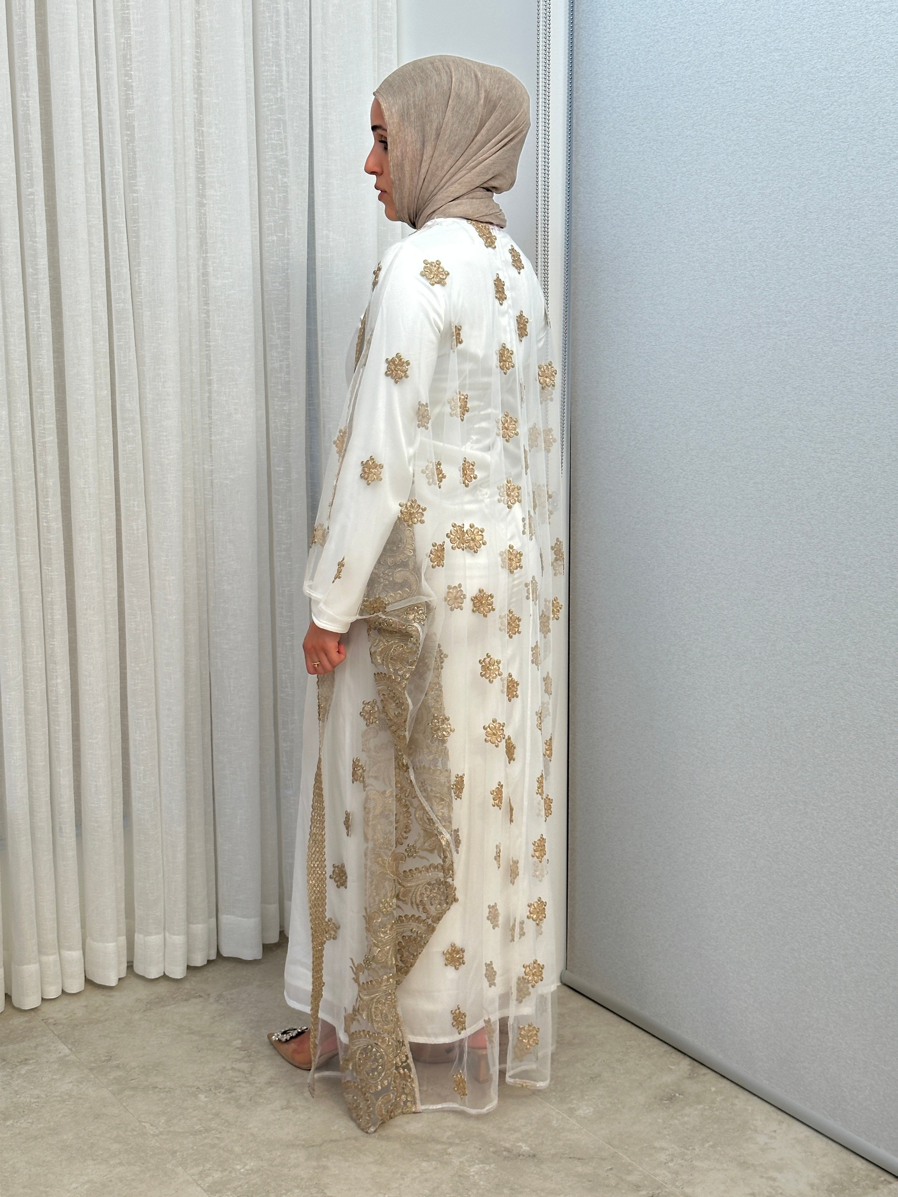 women's 2 piece abaya set in white. includes white maxi body dress/ slip with gold embellished abaya for ramadan/ eid, event/ occasion wear. suitable for modest fashion girls, hijabis. 