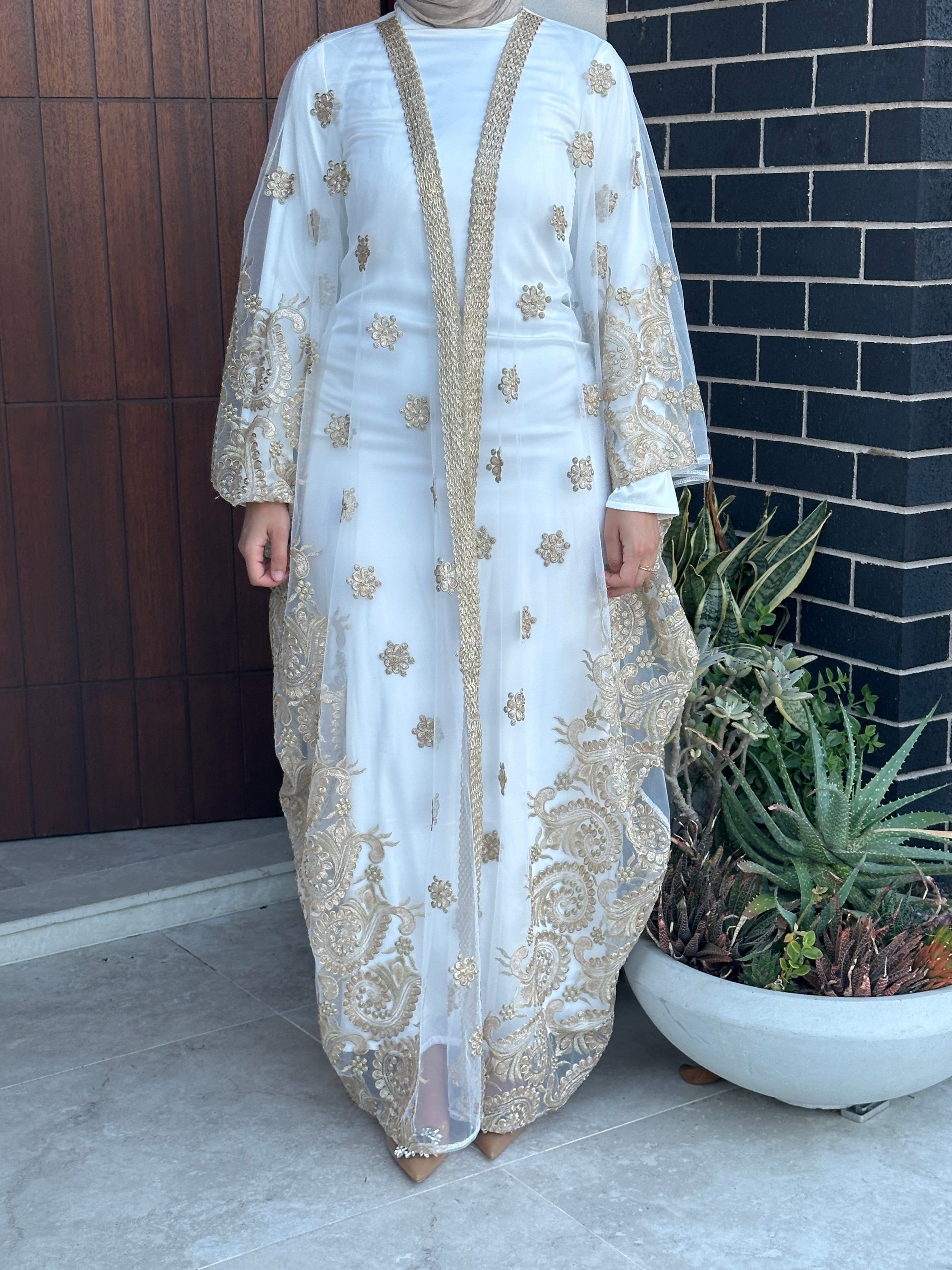 women's 2 piece abaya set in white. includes white maxi body dress/ slip with gold embellished abaya for ramadan/ eid, event/ occasion wear. suitable for modest fashion girls, hijabis. 