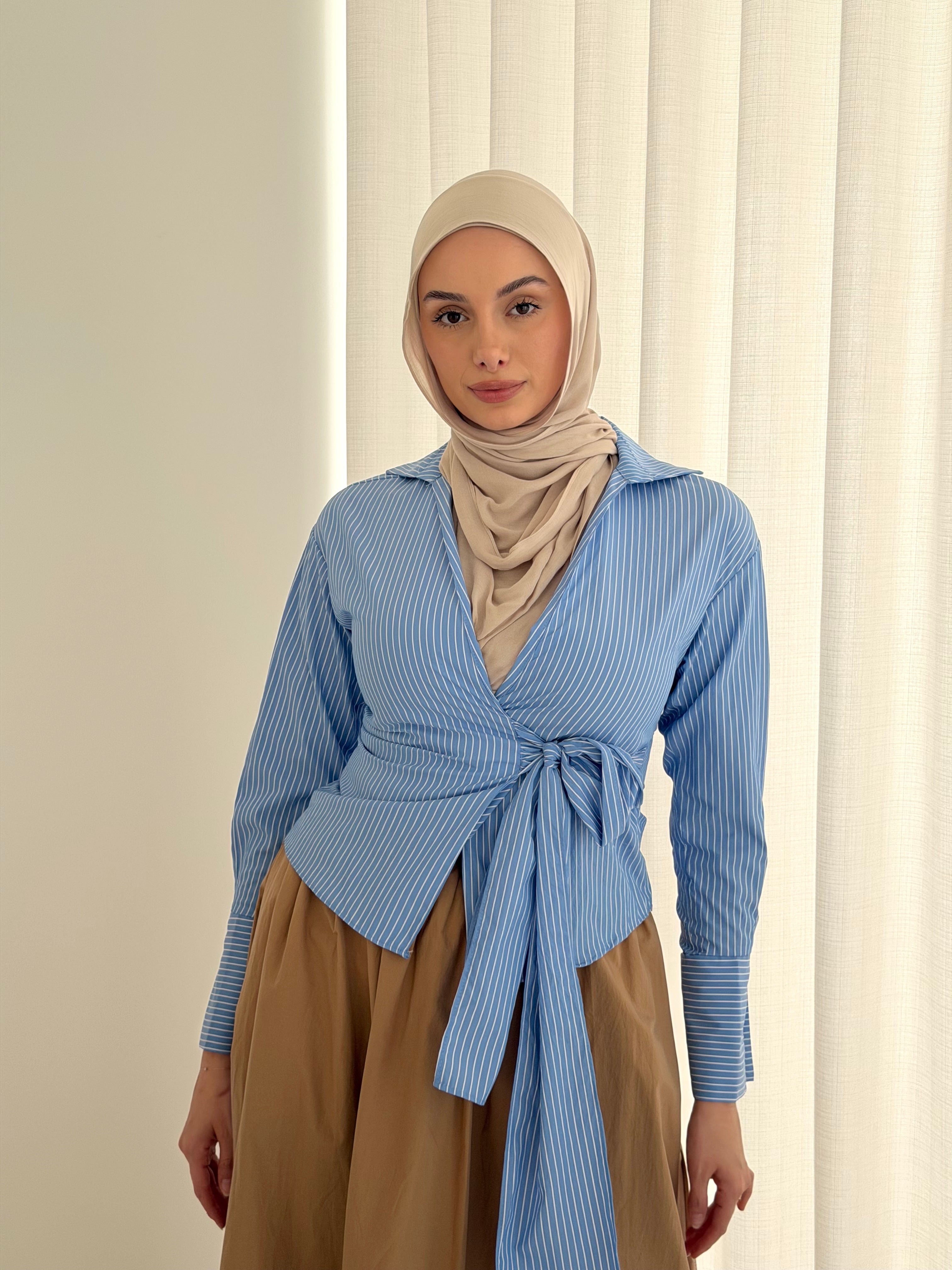 women's wrap tie, pinstripe shirt in sky blue and white for spring summer days - casual, semi-formal and cooperate modest fashion look. hijabi fiendly.